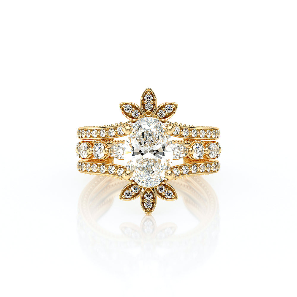 Oval Side Stone 18k Yellow Gold Engagement Ring - VNG-2202