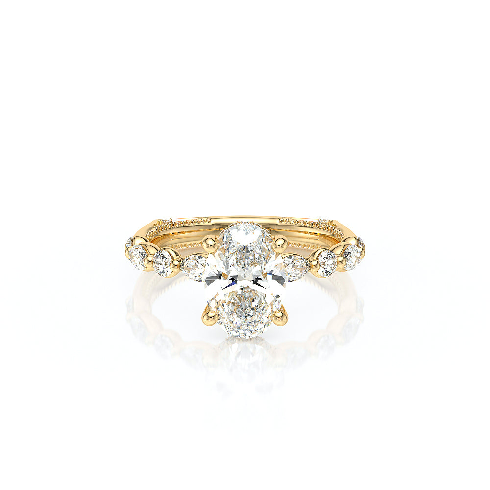Oval Side Stone 18k Yellow Gold Engagement Ring - VNG-2202