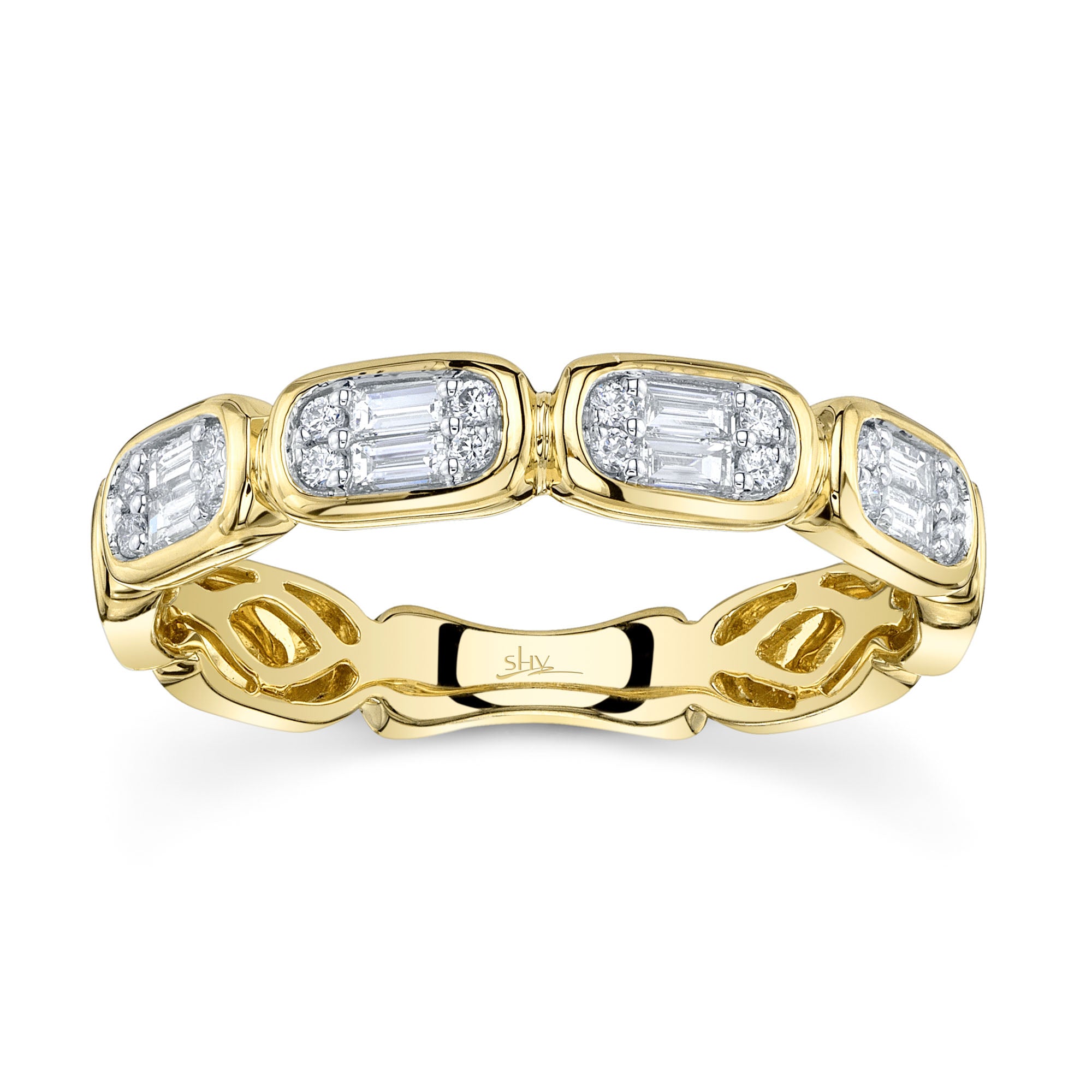 Yellow gold baguette diamond fashion ring, front view