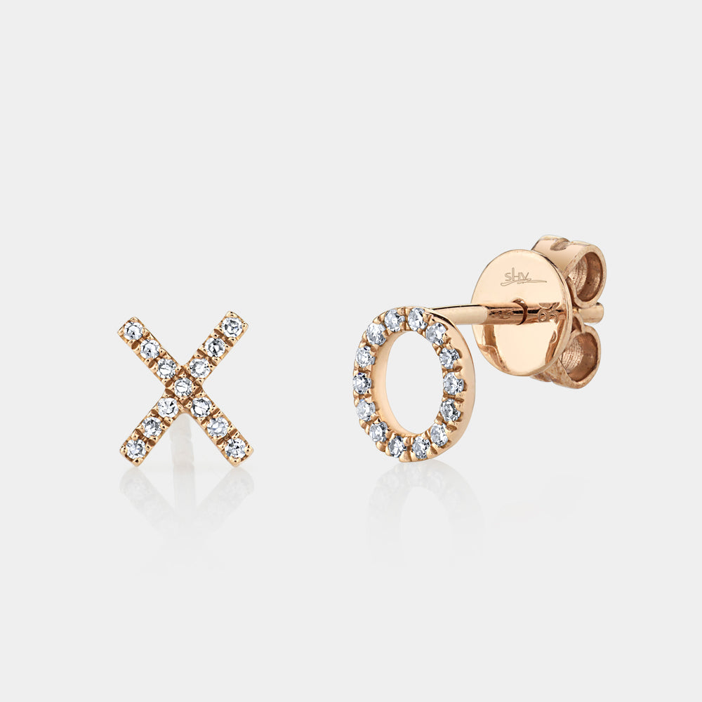 Rose gold diamond "xo" stud earrings, front view