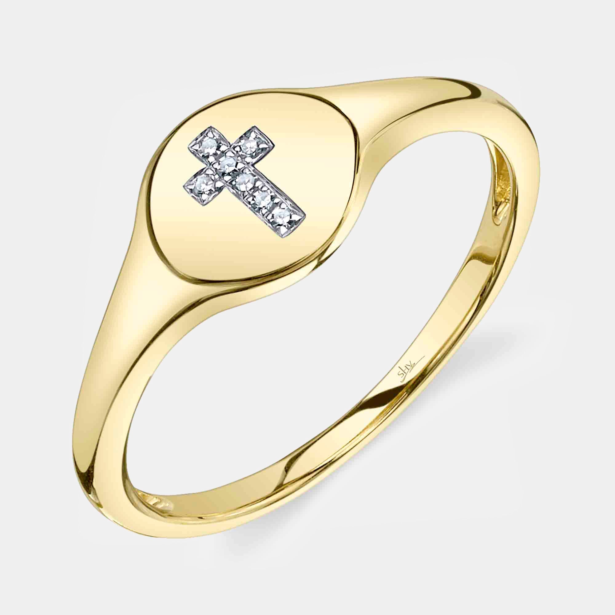 Yellow gold diamond cross signet ring, top view