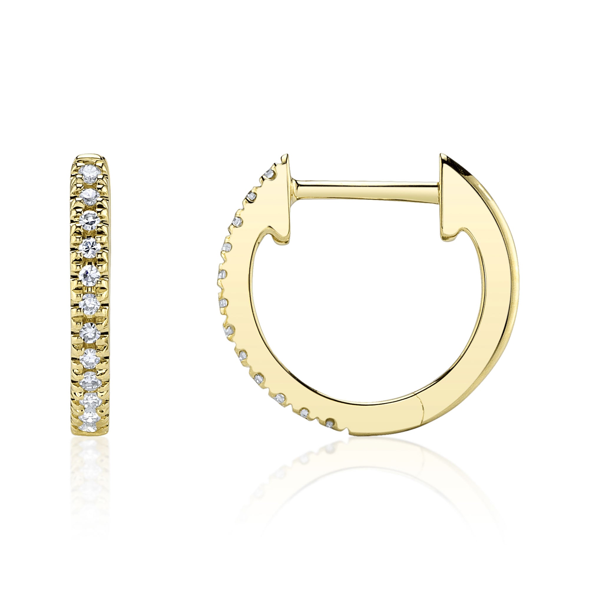 Yellow gold diamond huggie earrings, side view