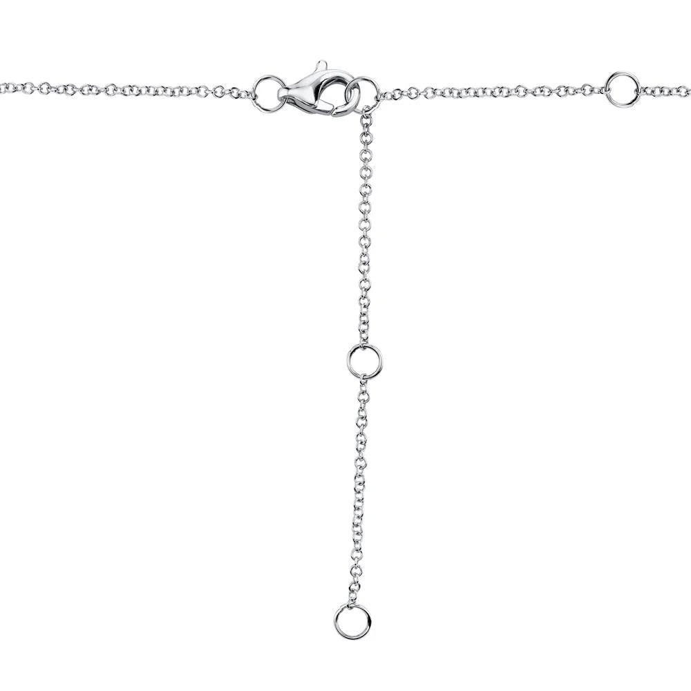 White gold diamond necklace with five diamond solitaire pendants, clasp view