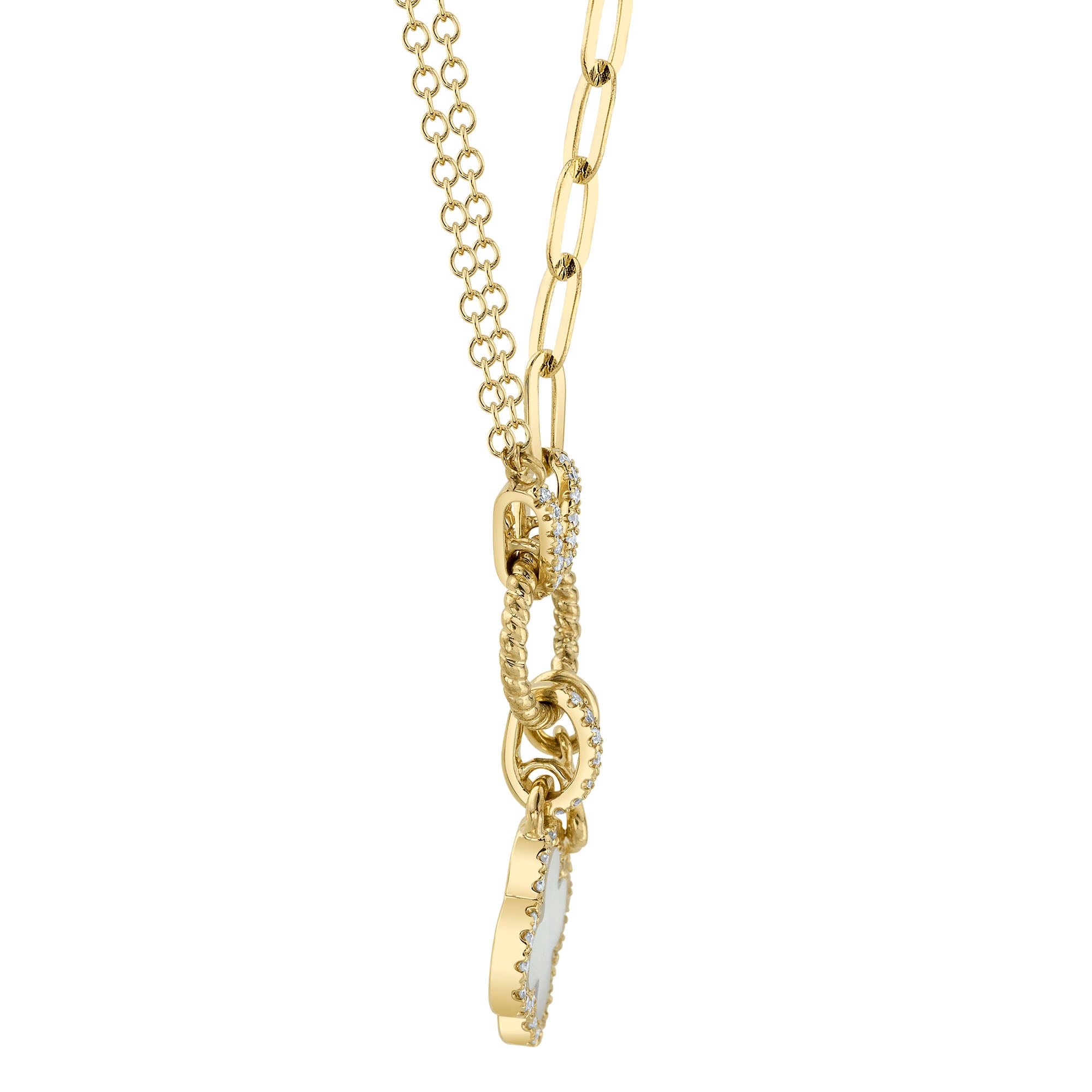 Yellow gold diamond clover necklace with white mother of pearl inlay, side view