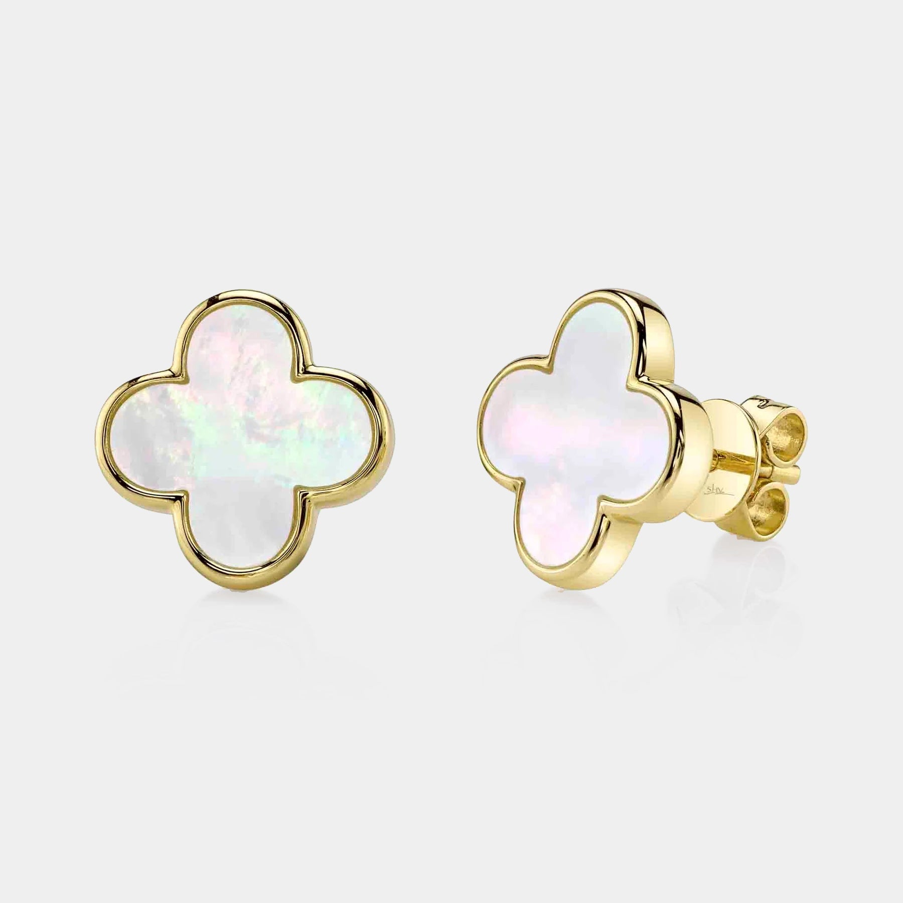 Yellow gold mother of pearl clover stud earrings, front view
