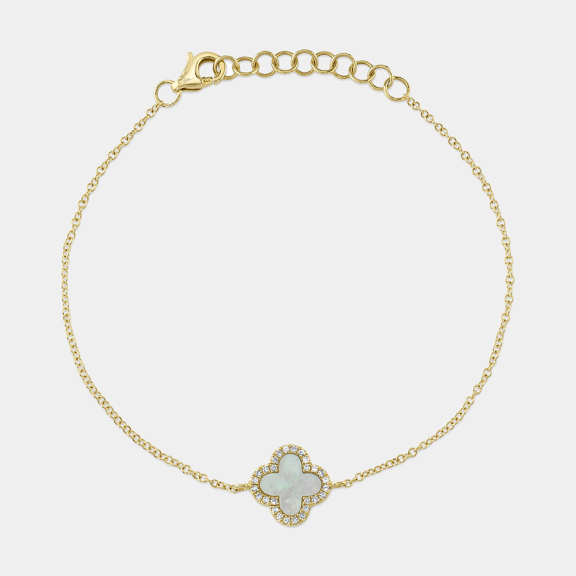 Yellow gold diamond clover pendant bracelet, front view