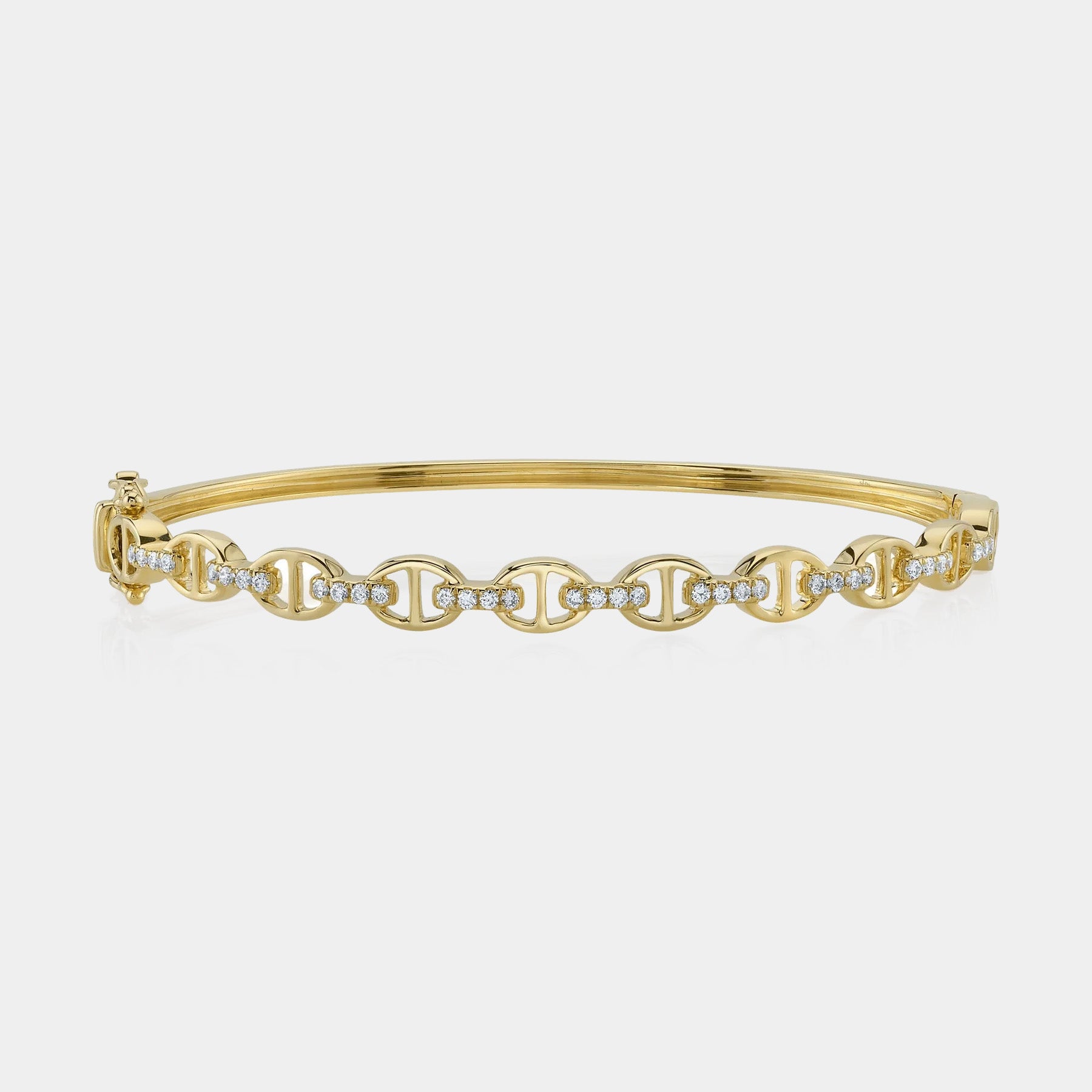 Yellow gold diamond link bracelet, front angle view
