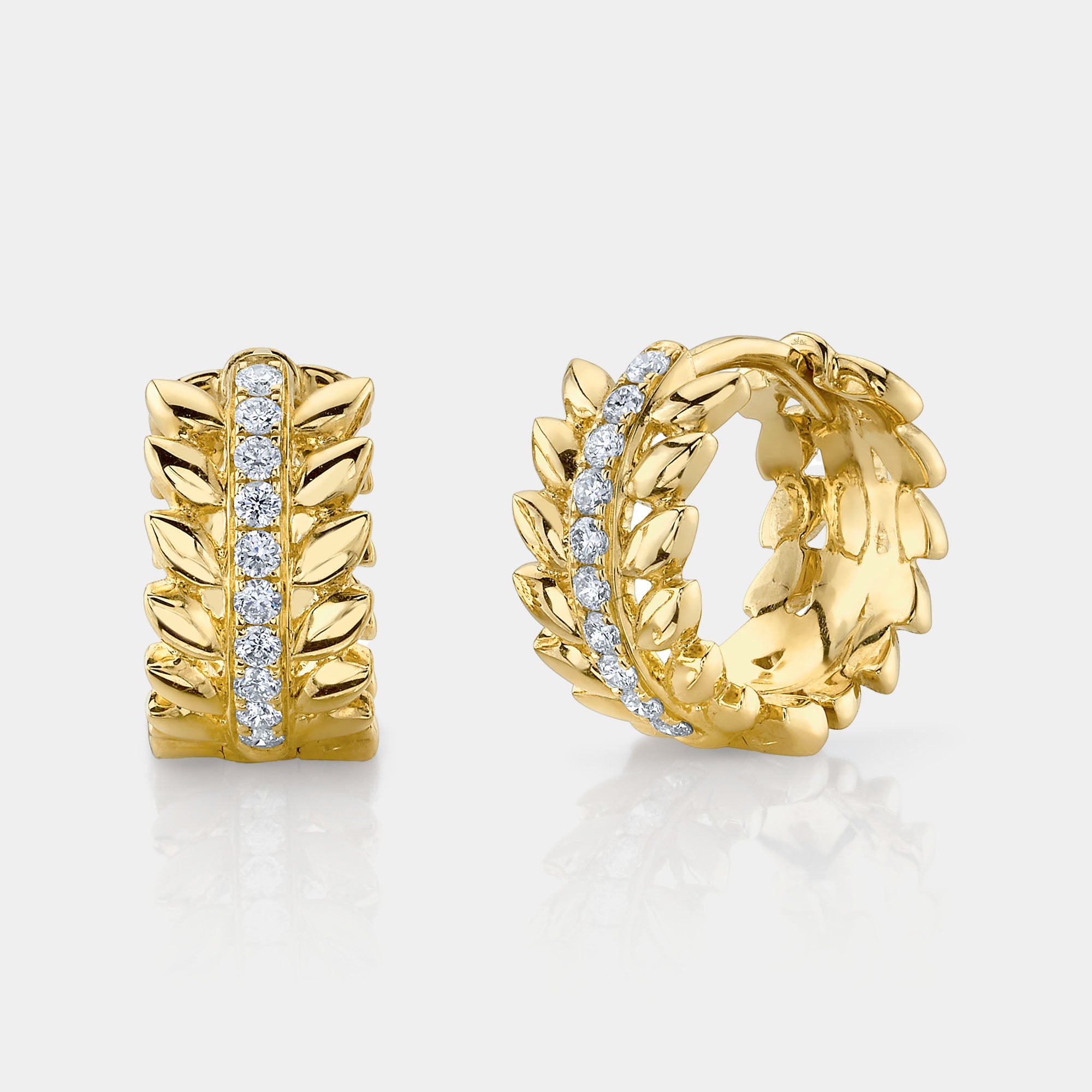 Yellow gold diamond wreath huggie earrings, front angle view