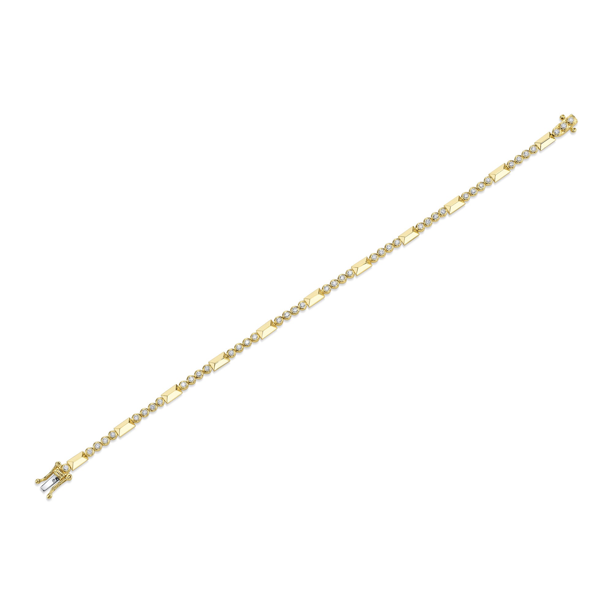 Yellow gold geo cut diamond tennis bracelet, flat lay