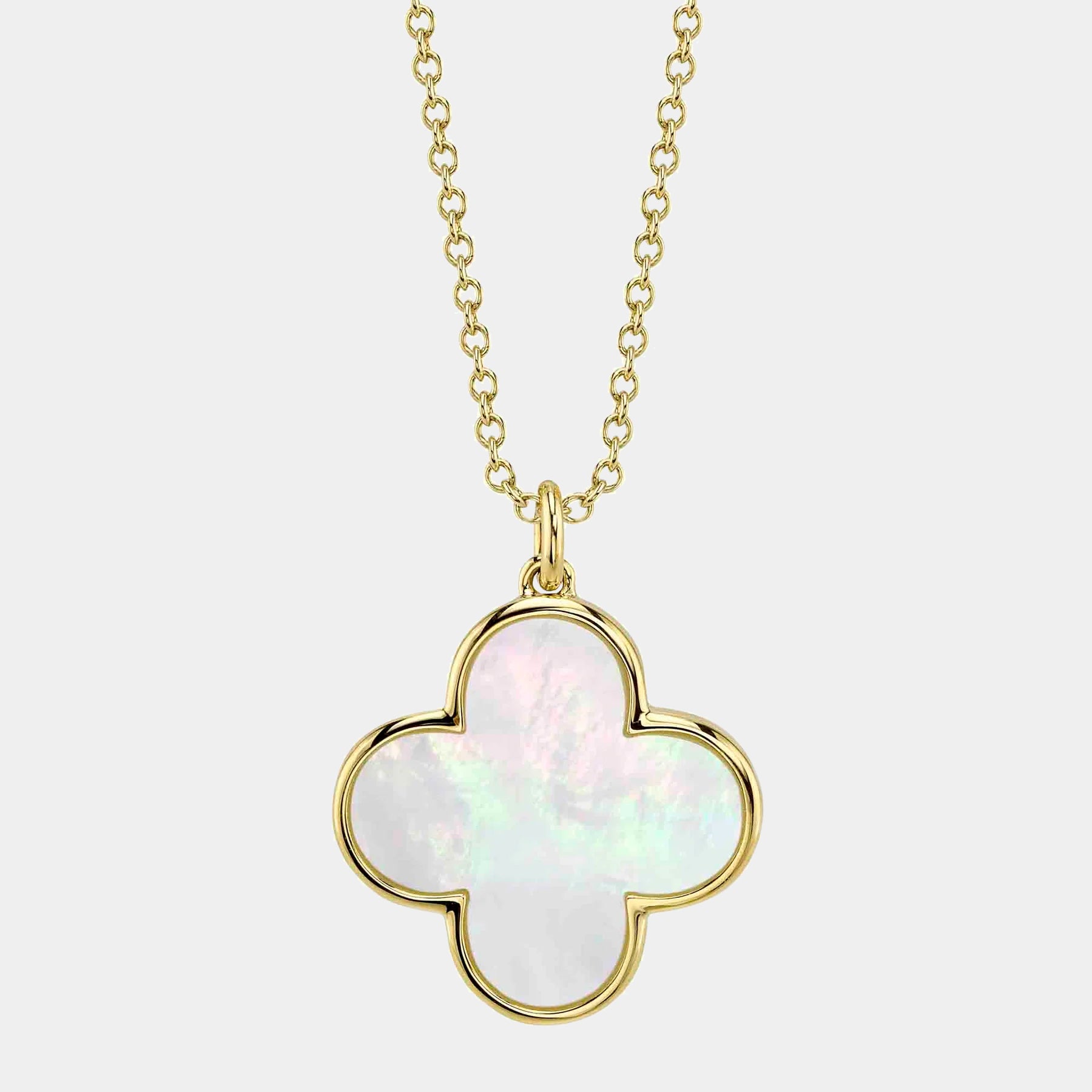 Yellow gold mother of pearl pendant necklace, close-up front view