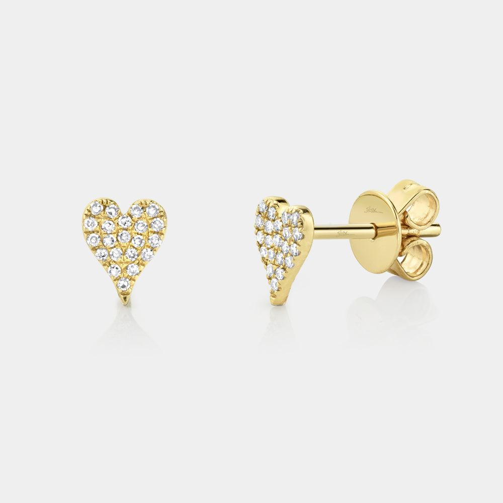Yellow gold pave heart diamond stud earrings, front angle view