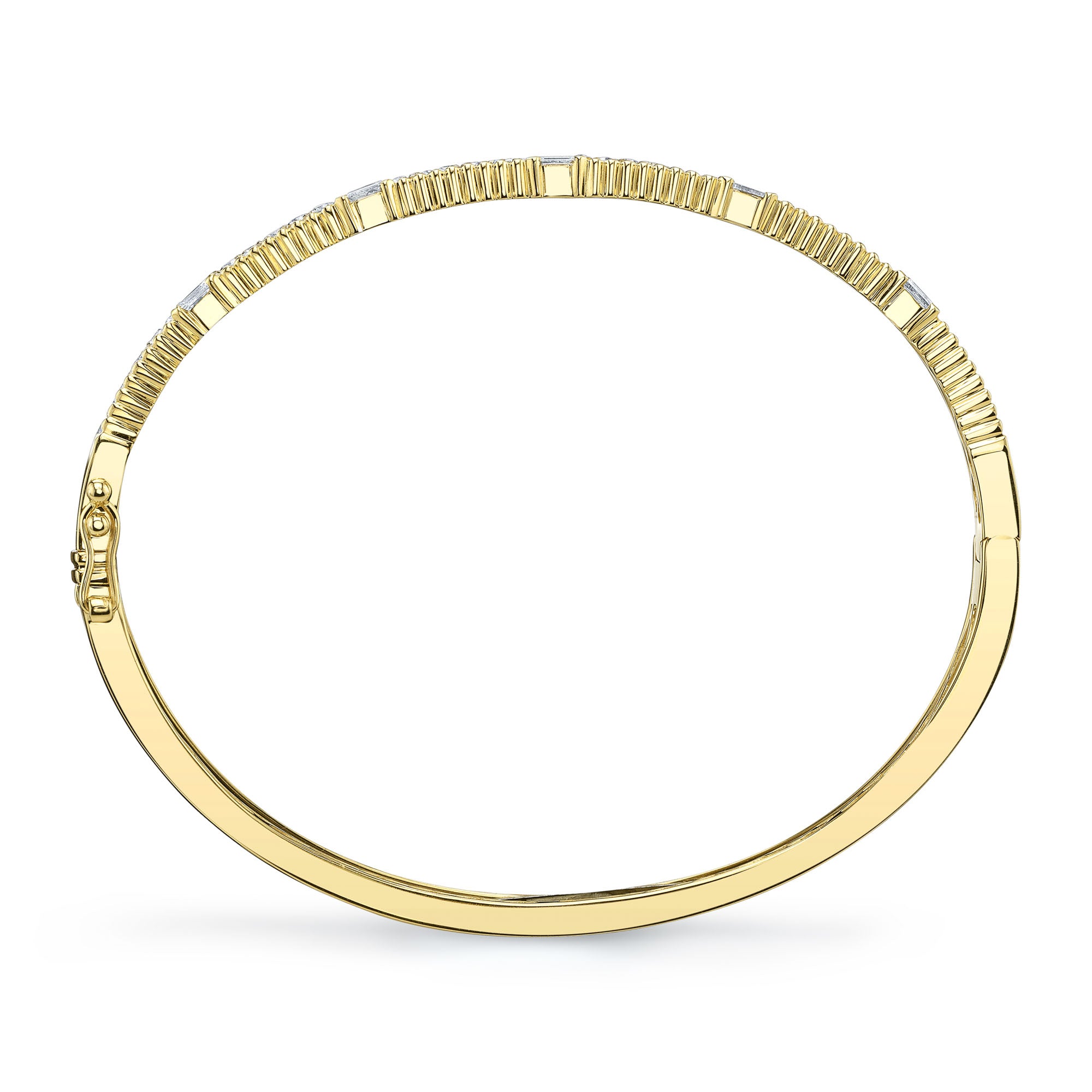 Yellow gold diamond ribbed bangle bracelet, side upright view