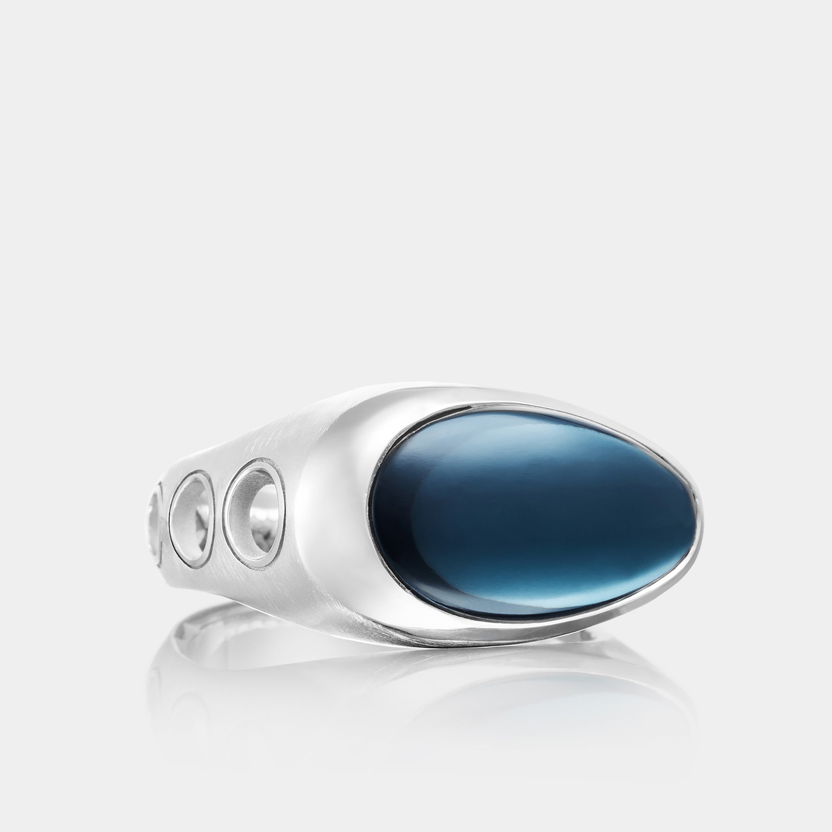 Men’s Sterling Silver Oval Sky Blue Hematite Fashion Ring on grey background, front view