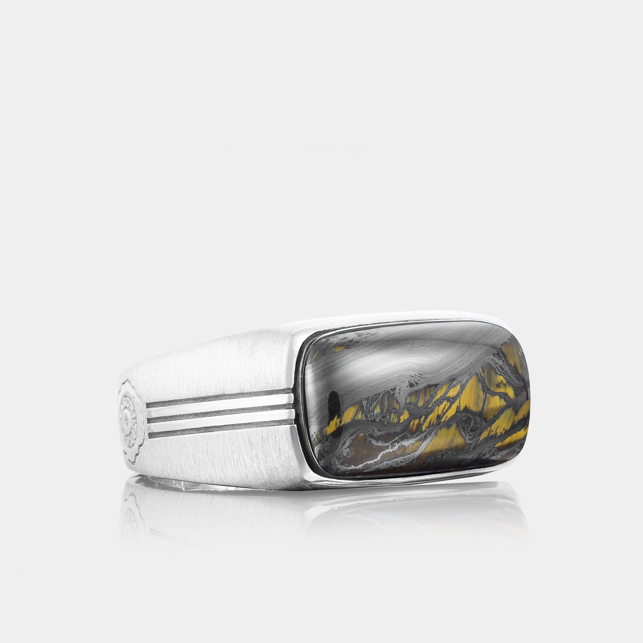 Sterling Silver Rectangular Tiger Iron Ring on grey background.