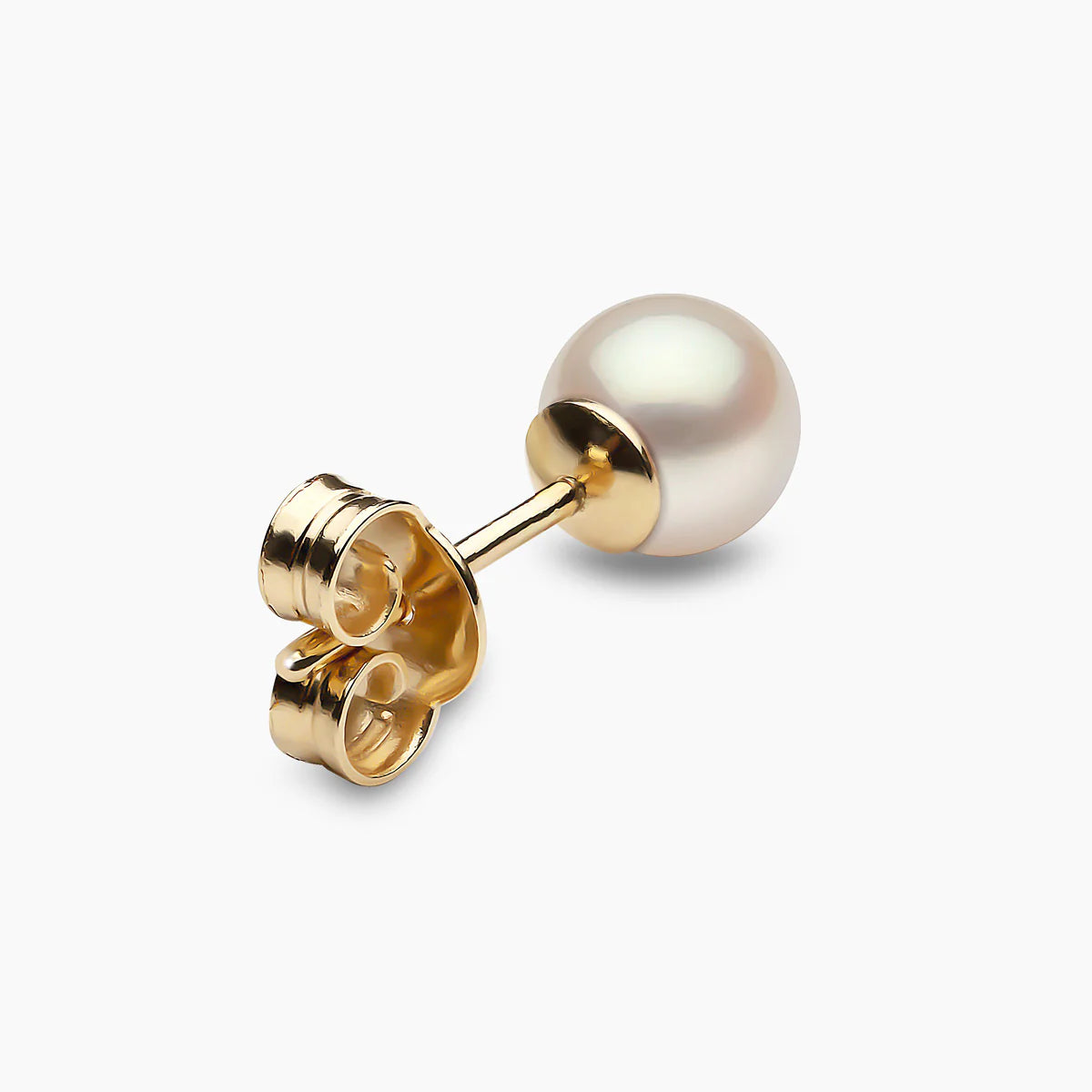 Single classic yellow gold pearl stud earring, rear angle view