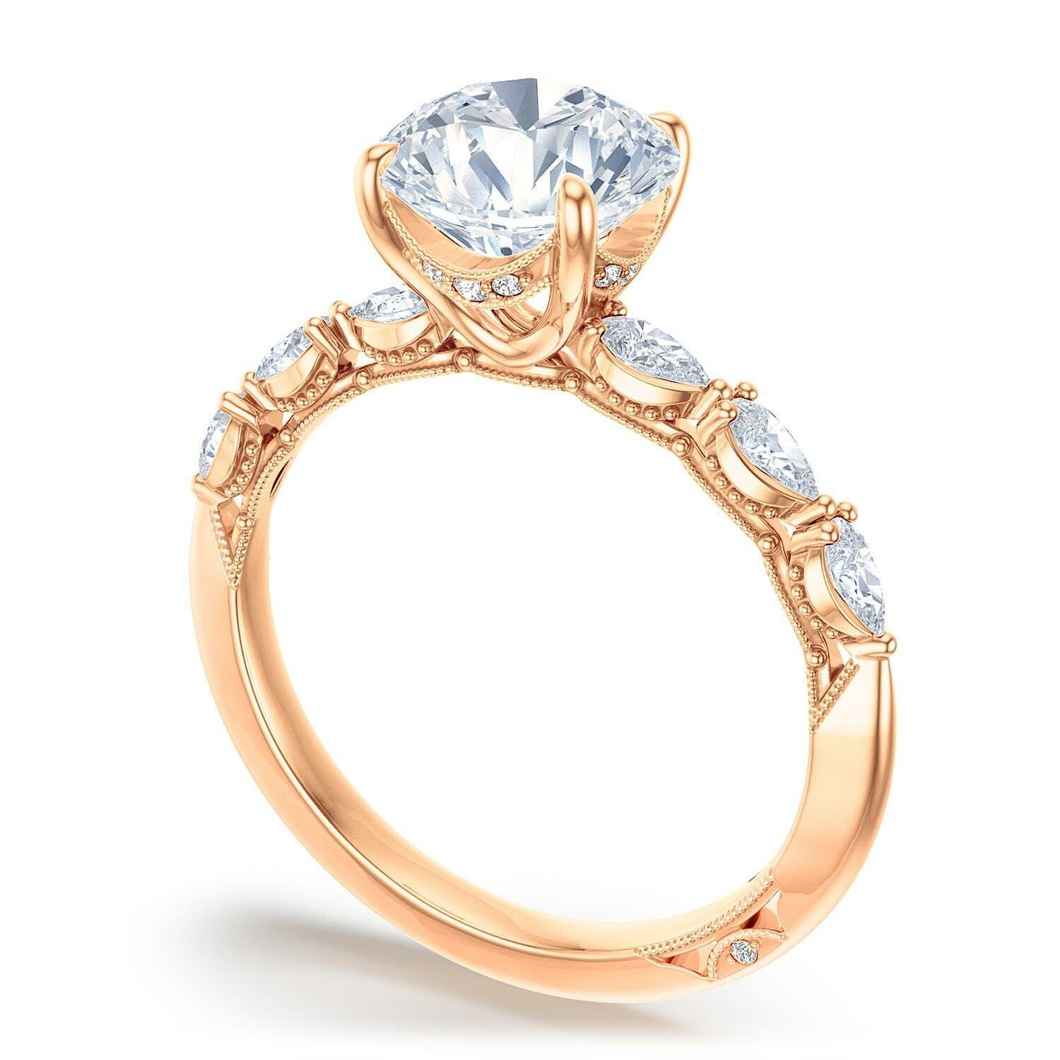Round Side Stone 18K Rose Gold Engagement Ring - 2687