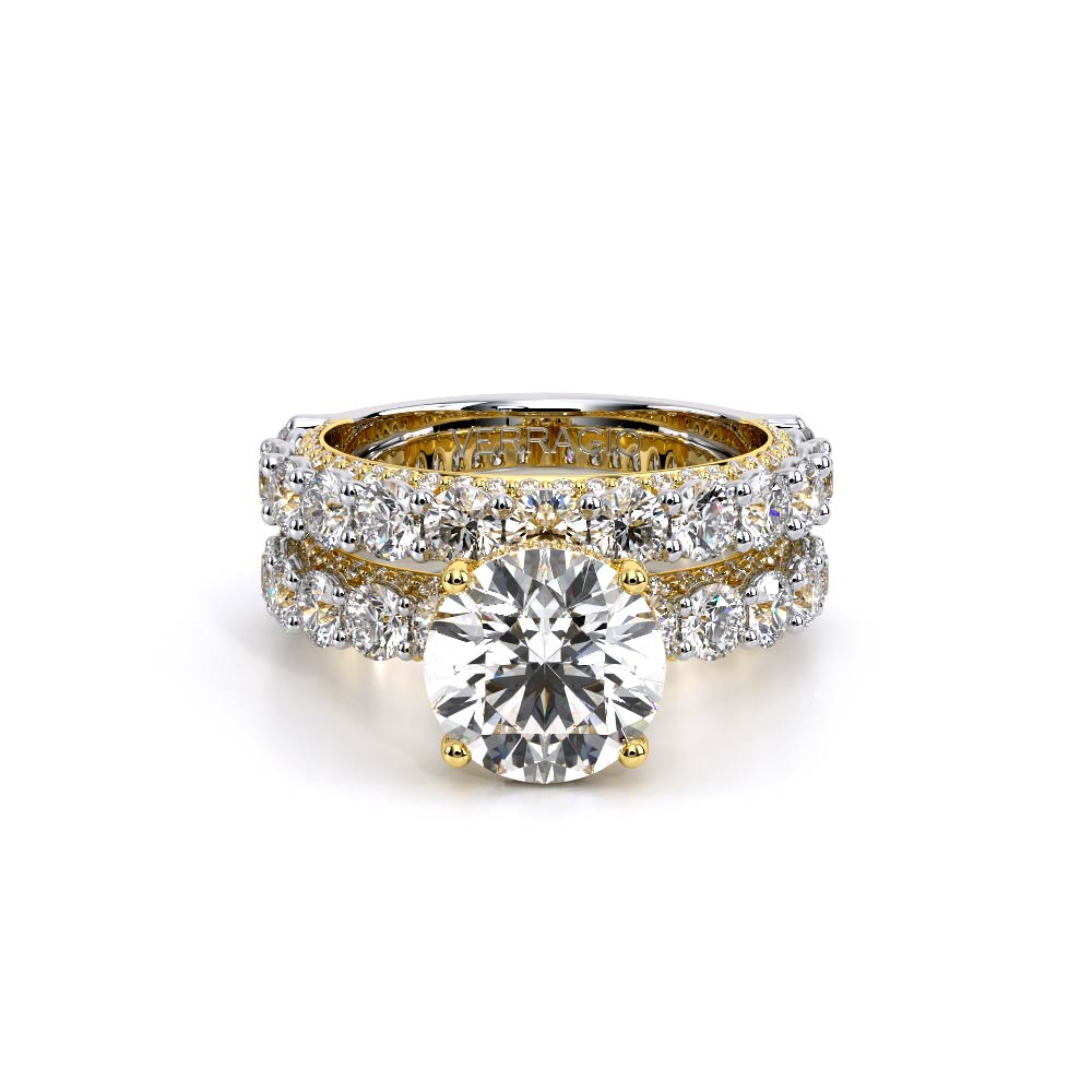 Round Pavé Yellow and White Gold Engagement Ring - CTR-0489