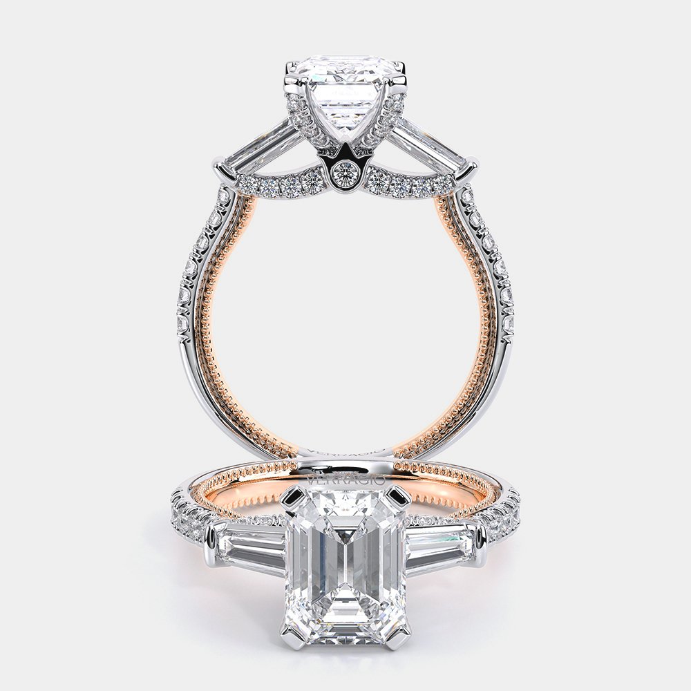 Emerald Three-Stone 18k Rose and White Gold Engagement Ring - REN-991