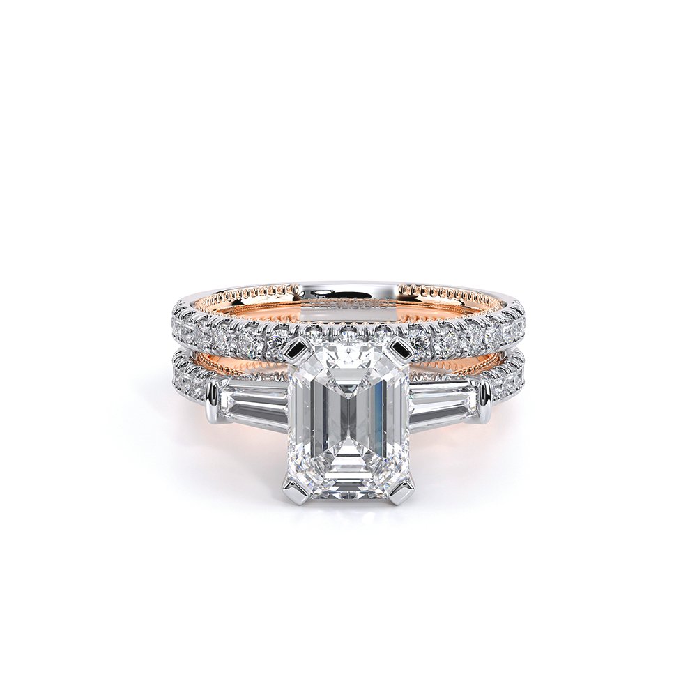 Emerald Three-Stone 18k Rose and White Gold Engagement Ring - REN-991