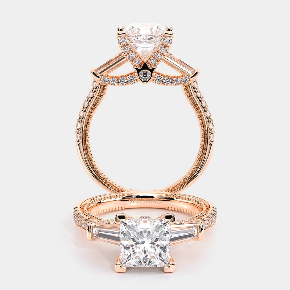 Princess Three-Stone 18k Rose Gold Engagement Ring - REN-991