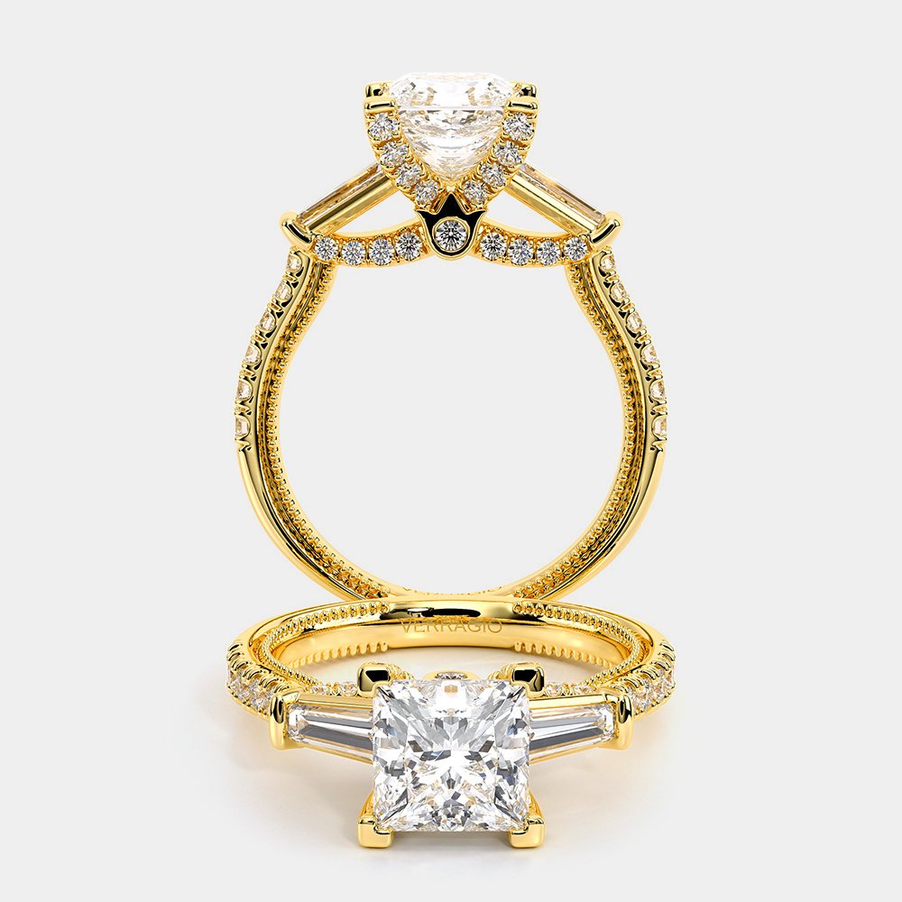 Princess Three-Stone 18k Yellow Gold Engagement Ring - REN-991