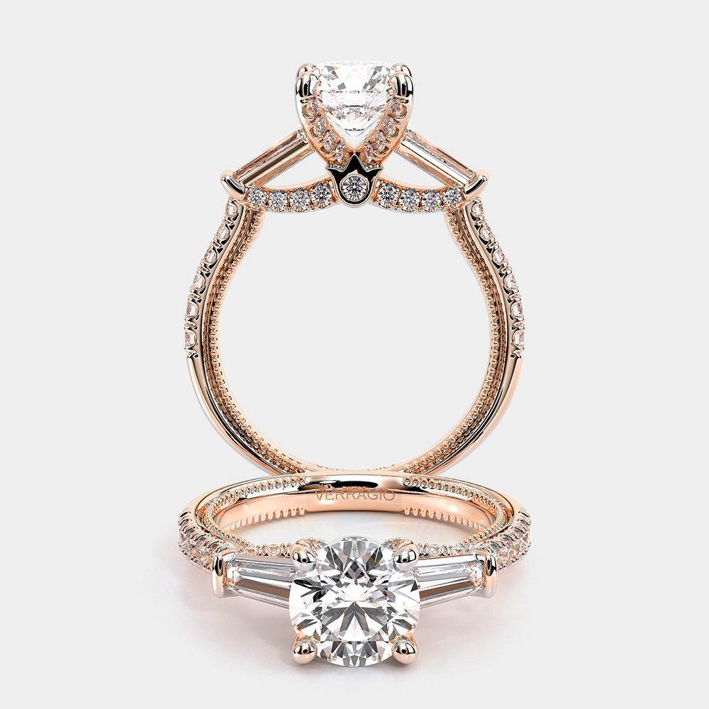 Round Three-Stone 14k Rose Gold Engagement Ring - REN-991