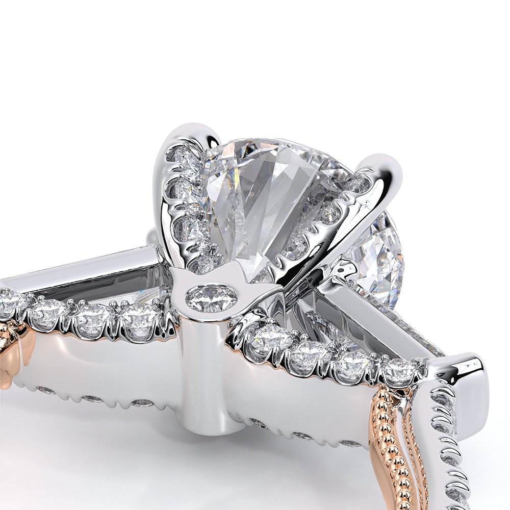 Round Three-Stone 18k Rose and White Gold Engagement Ring - REN-991