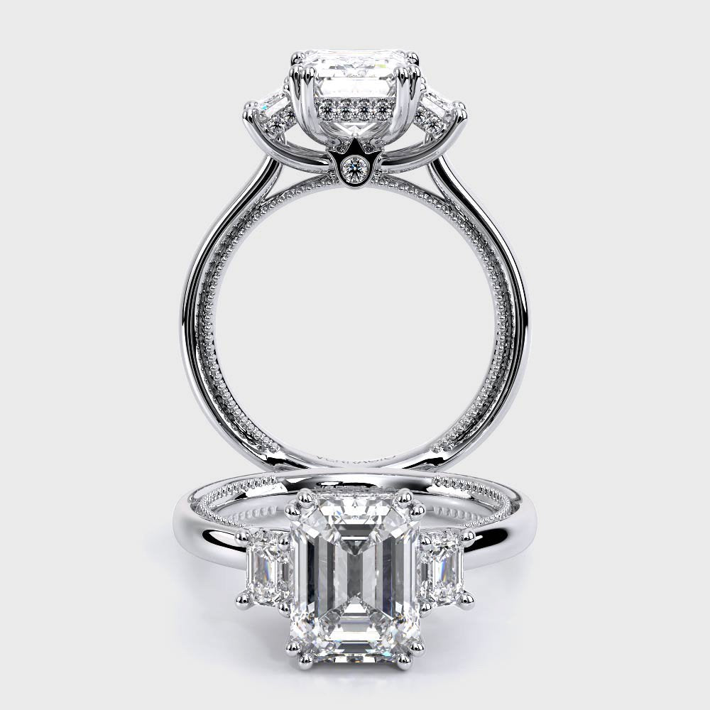 Emerald Three-Stone 14K White Gold Engagement Ring - REN-993