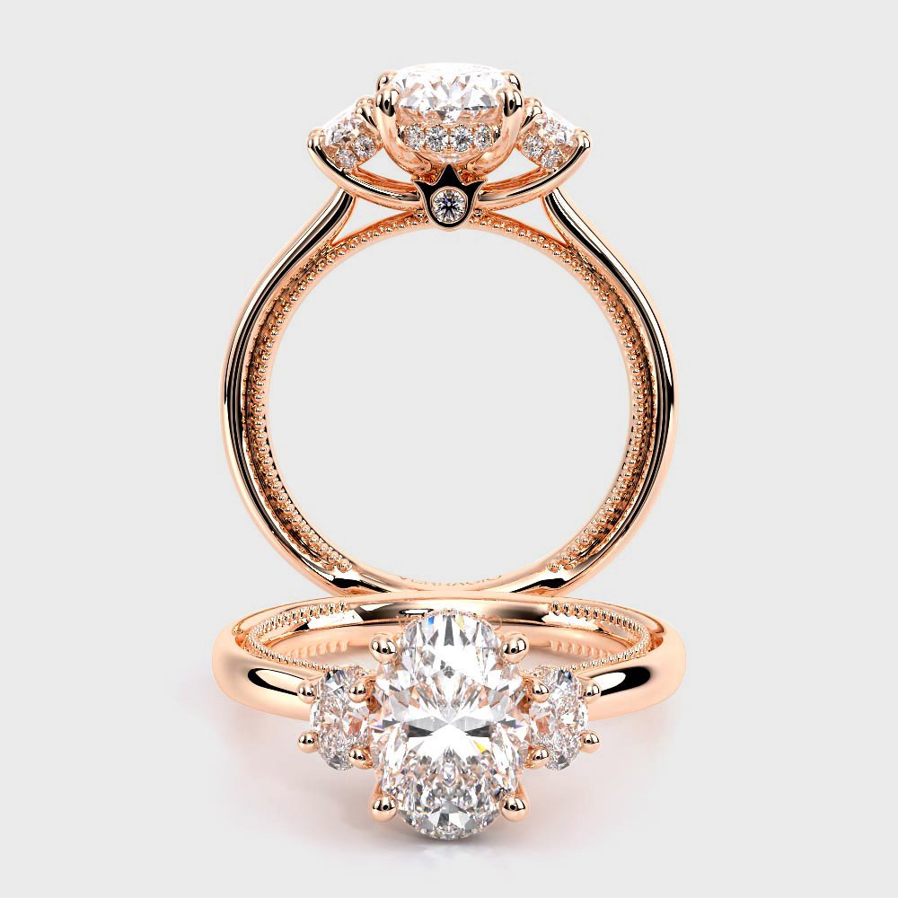 Oval Three-Stone 18k Rose Gold Engagement Ring - REN-993