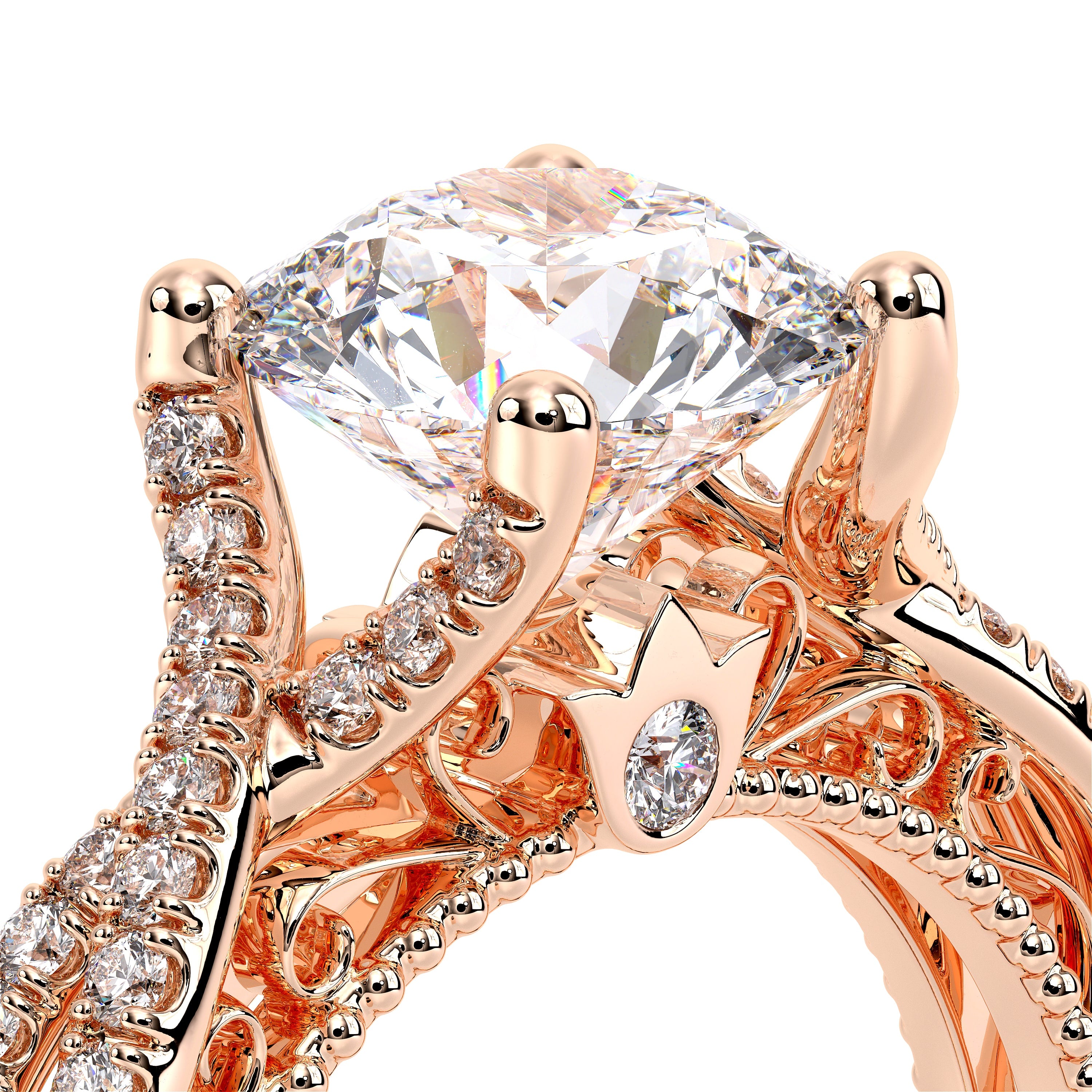 Round Pavé 18k Rose Gold Engagement Ring - VEN-5003