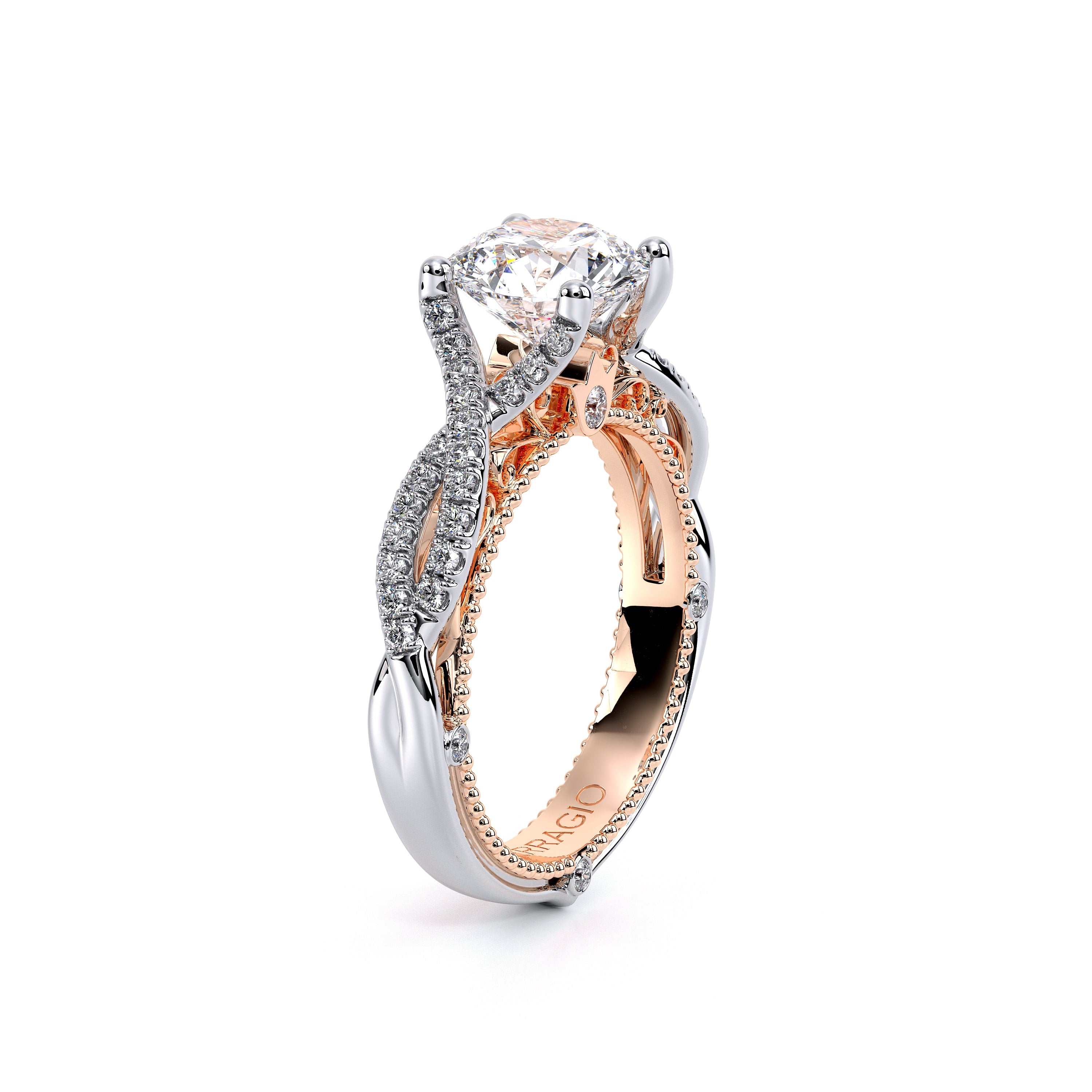 Round Pavé 14k Rose and White Gold Engagement Ring - VEN-5003