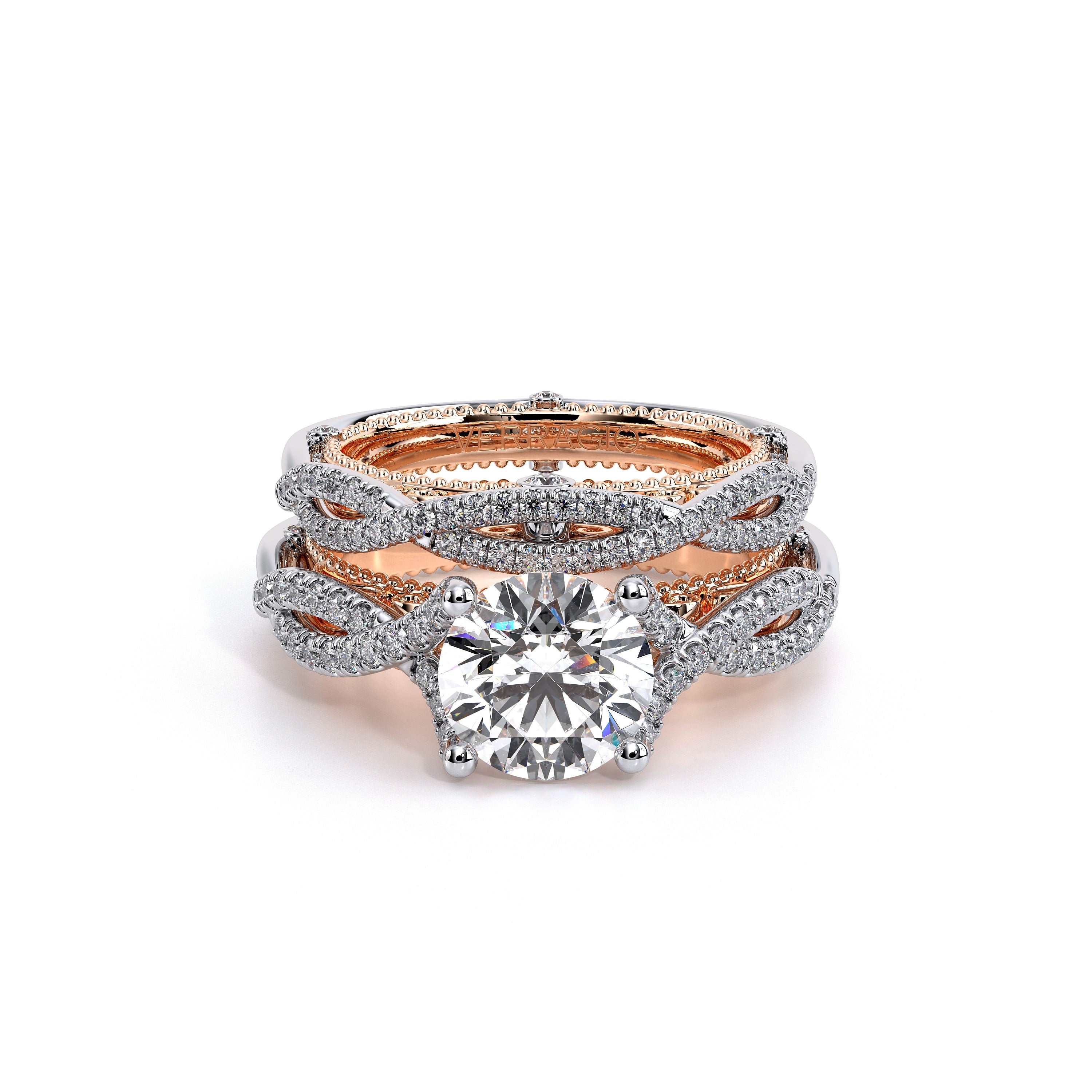 Round Pavé 18k Rose and White Gold Engagement Ring - VEN-5003