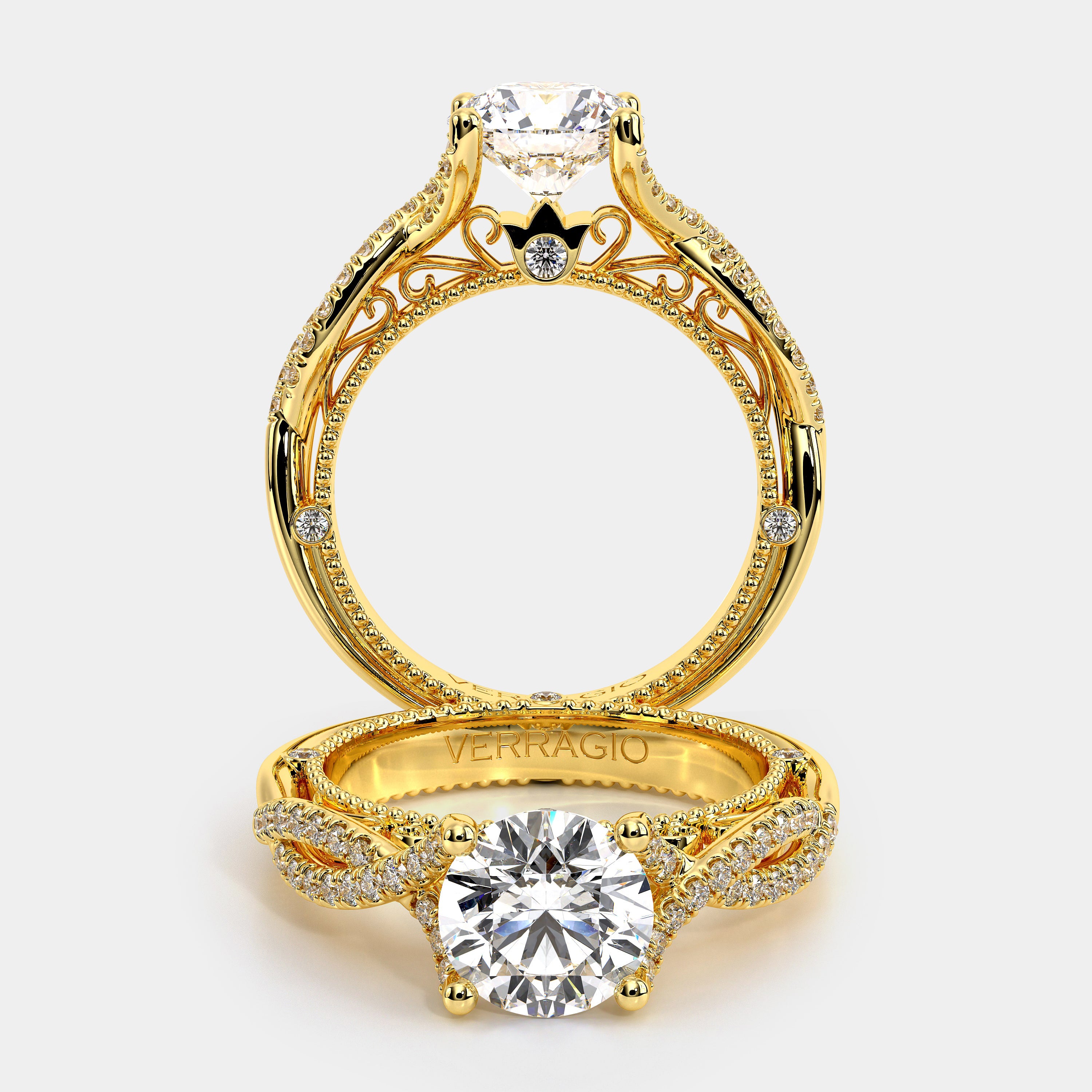 Round Pavé 14k Yellow Gold Engagement Ring - VEN-5003