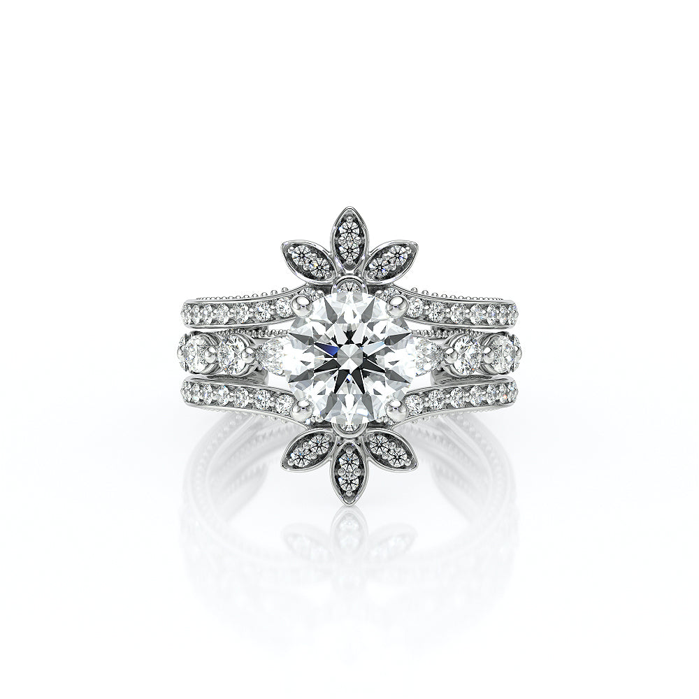 Round Side Stone 14k White Gold Engagement Ring - VNG-2202