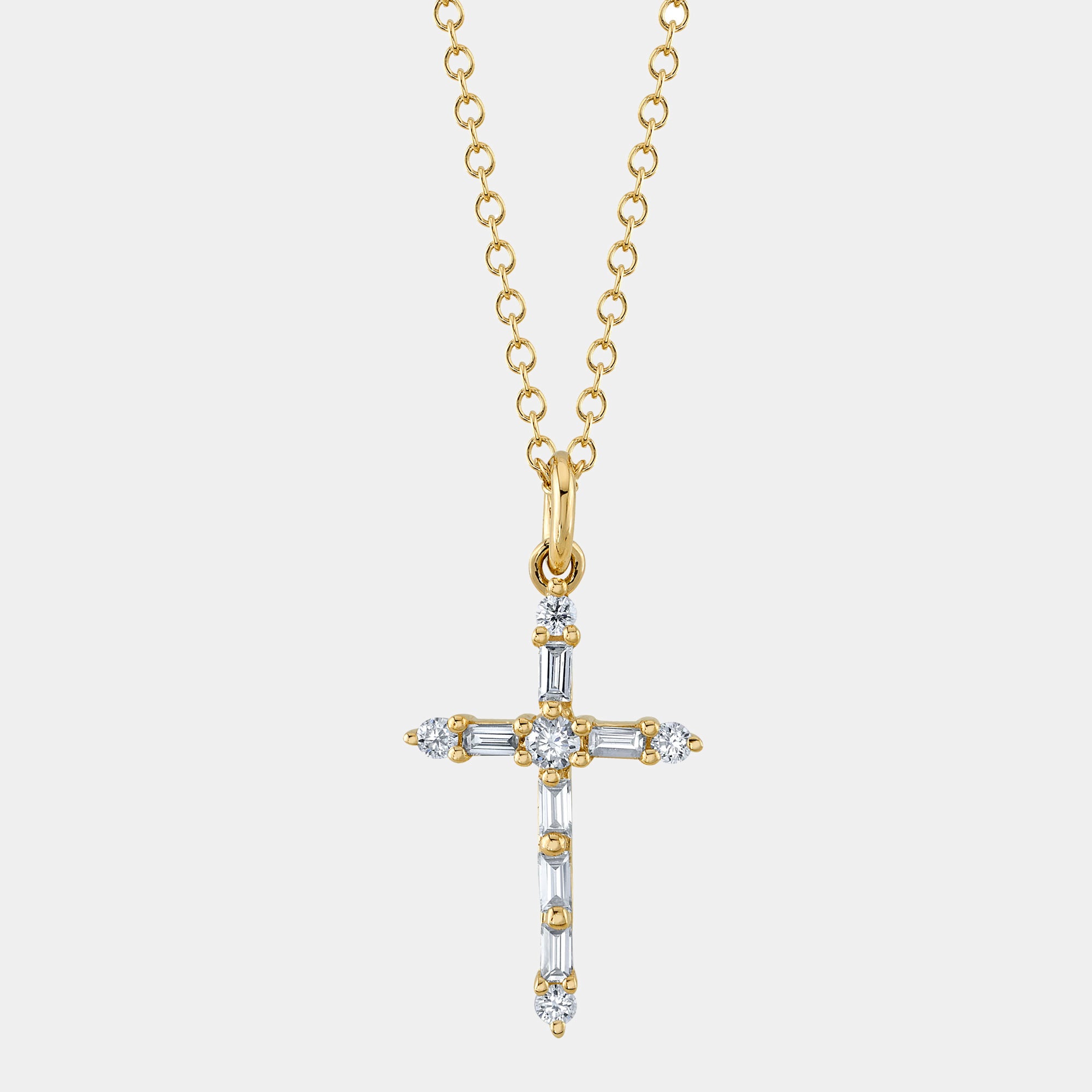 Yellow gold baguette diamond cross pendant necklace, front view 