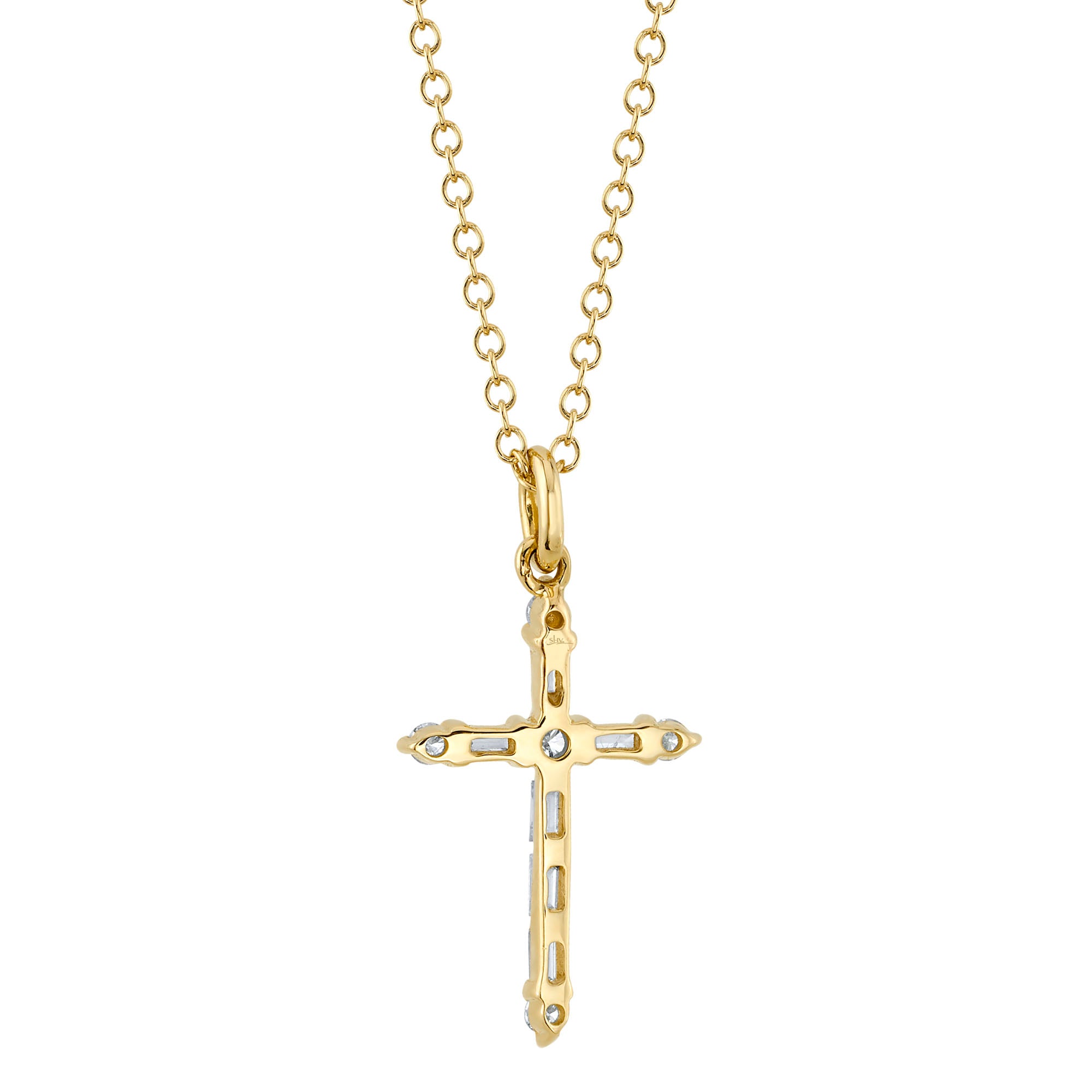 Yellow gold baguette diamond cross pendant necklace, back view 