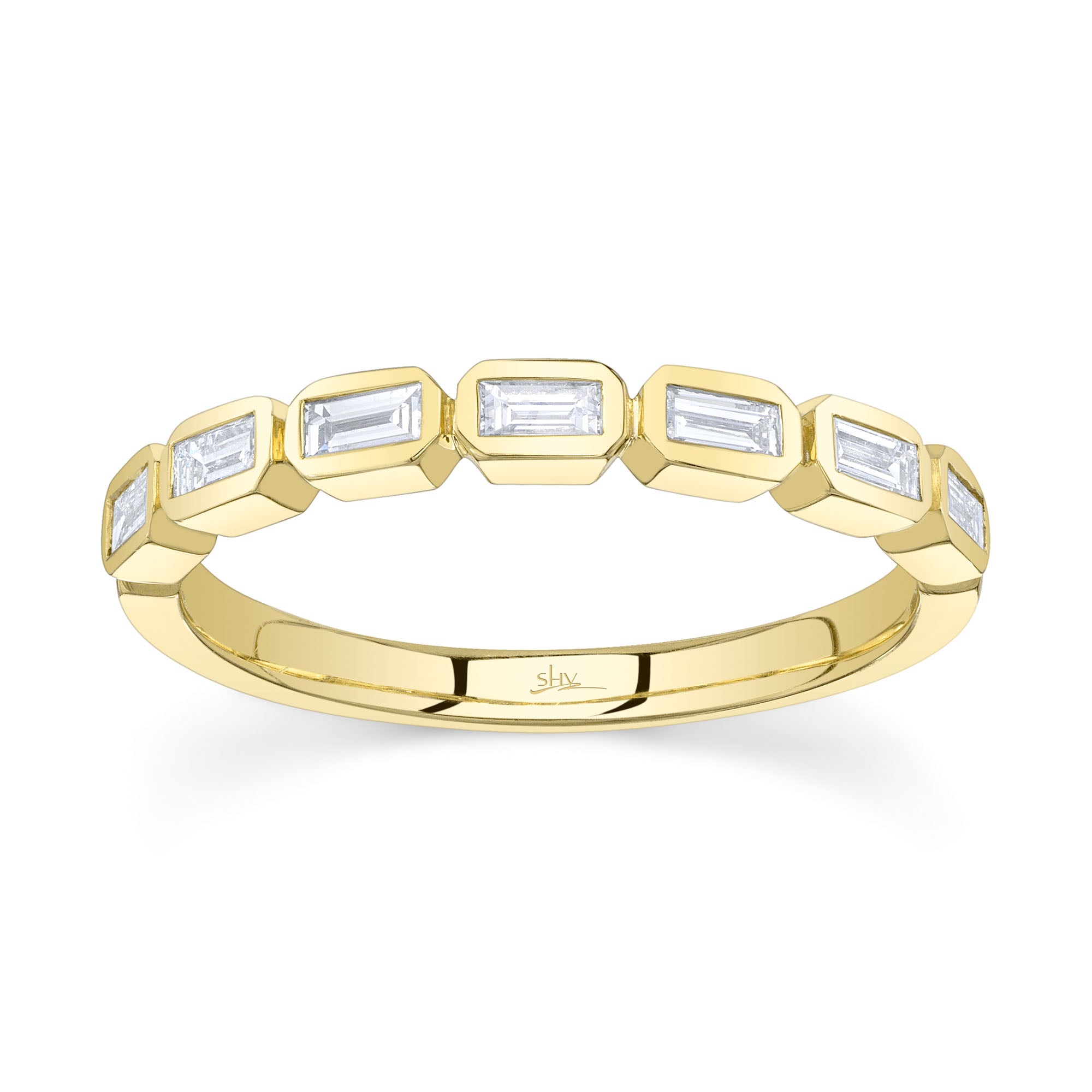 Yellow gold bezel set baguette diamond fashion ring, front view