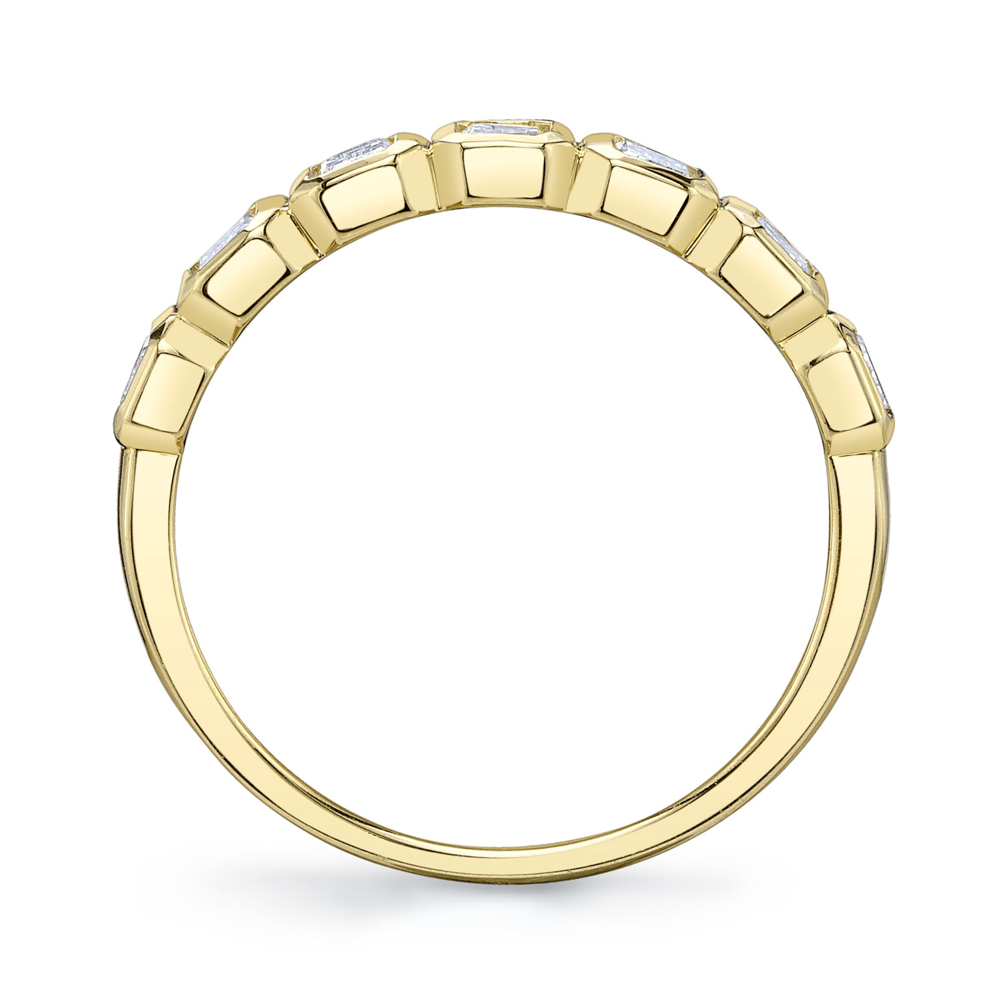 Yellow gold emerald cut diamond fashion ring, front angle upright  view