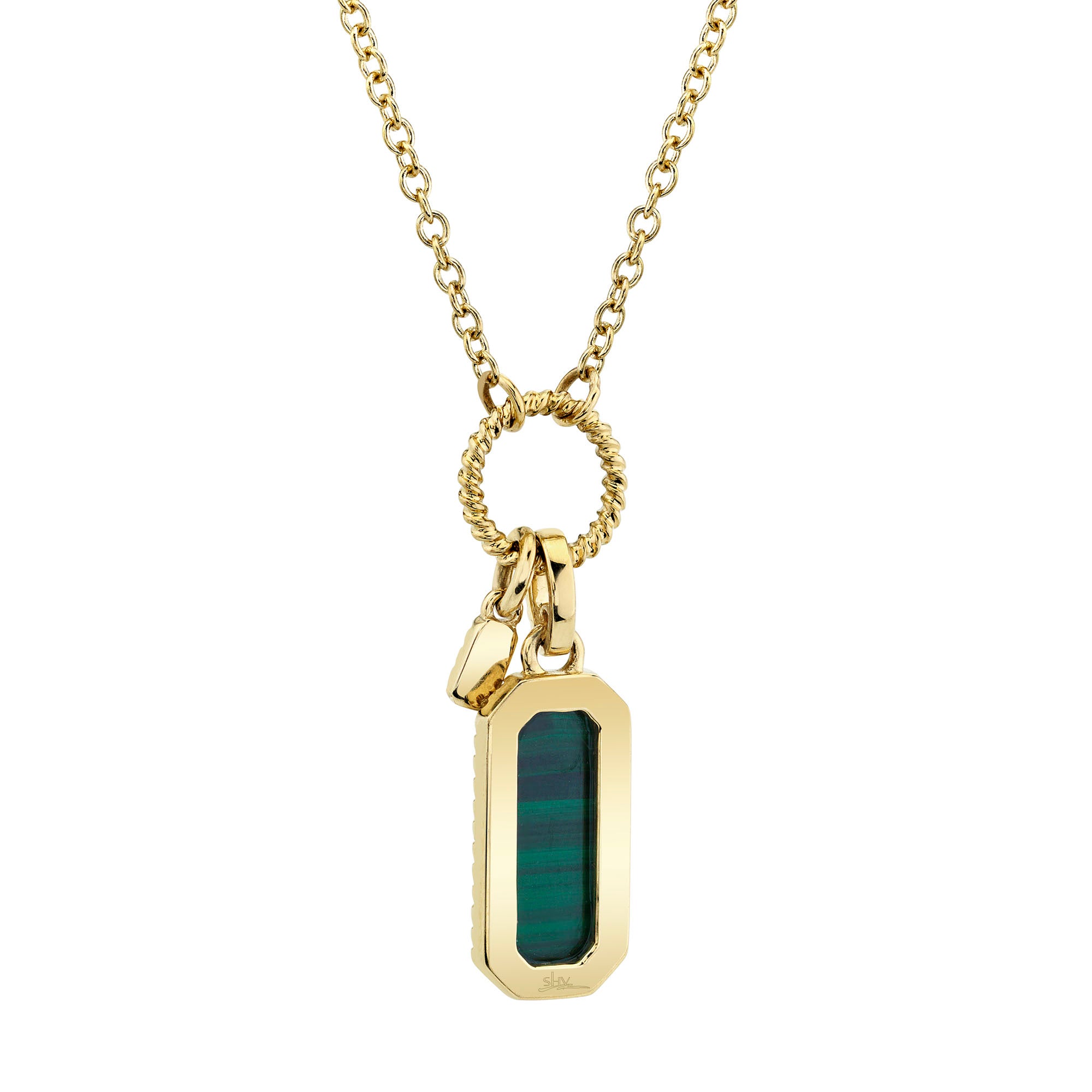 Yellow gold dog tag necklace featuring green malachite inlay, front angle view