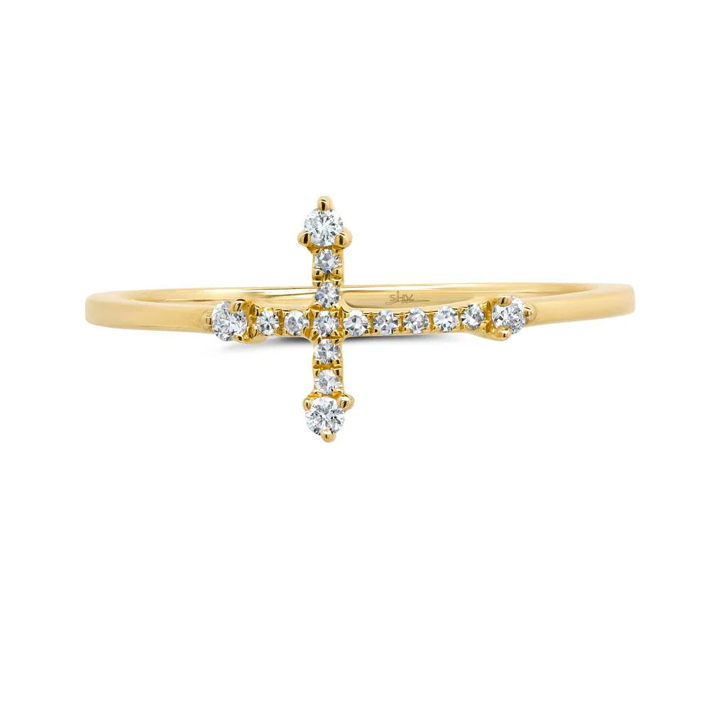 Yellow gold east-west diamond cross ring, side view