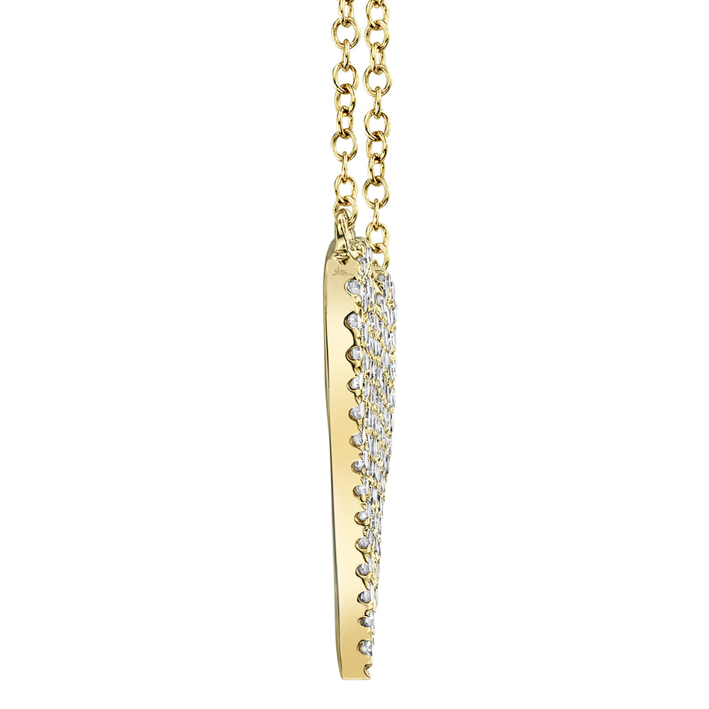Yellow gold necklace with a heart-shaped pendant featuring diamonds, side view