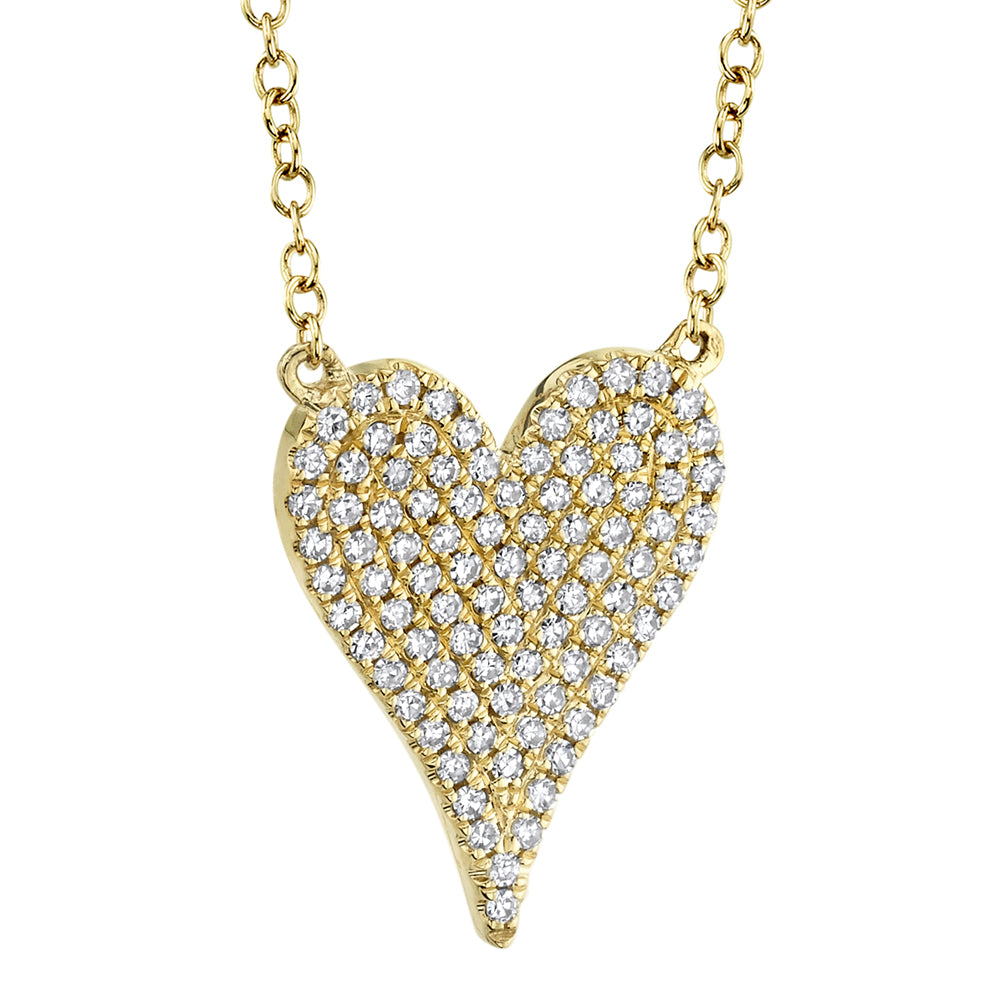 Yellow gold necklace with a heart-shaped pendant featuring diamonds, front angle view