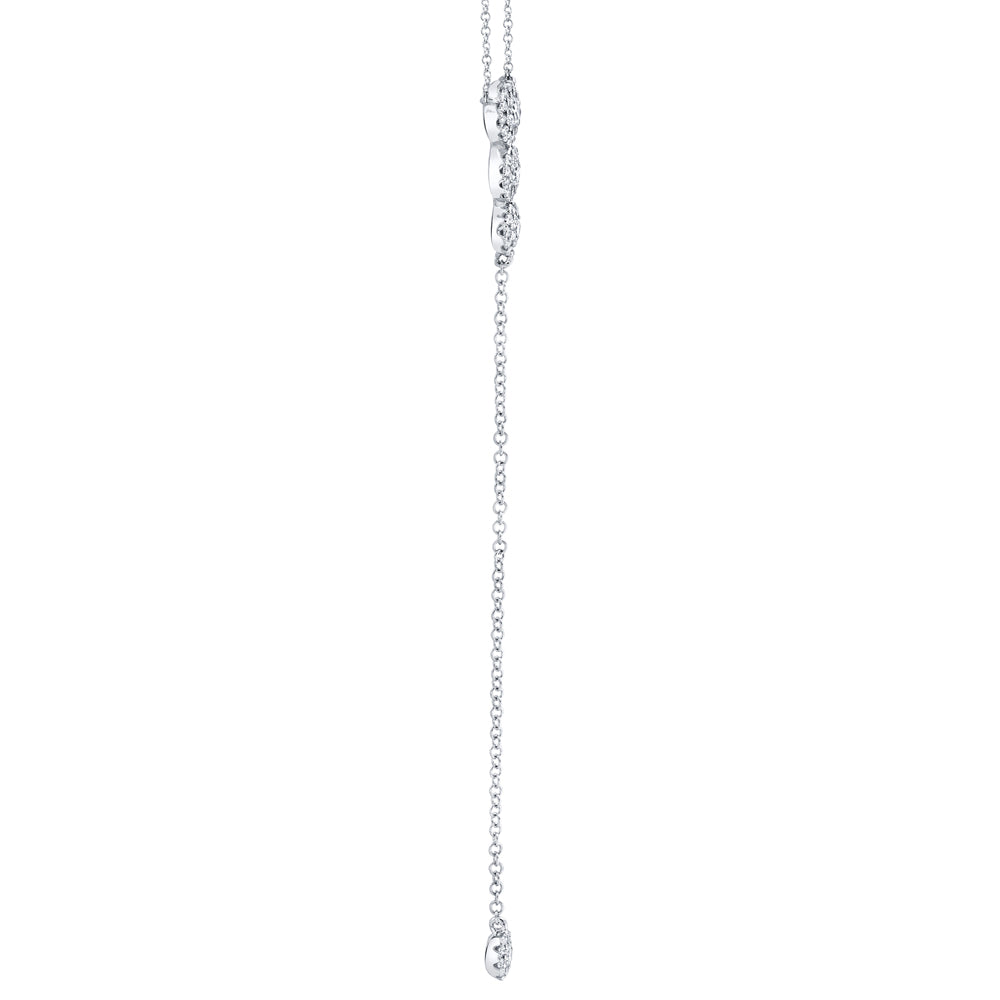 White gold diamond halo lariat necklace, side view