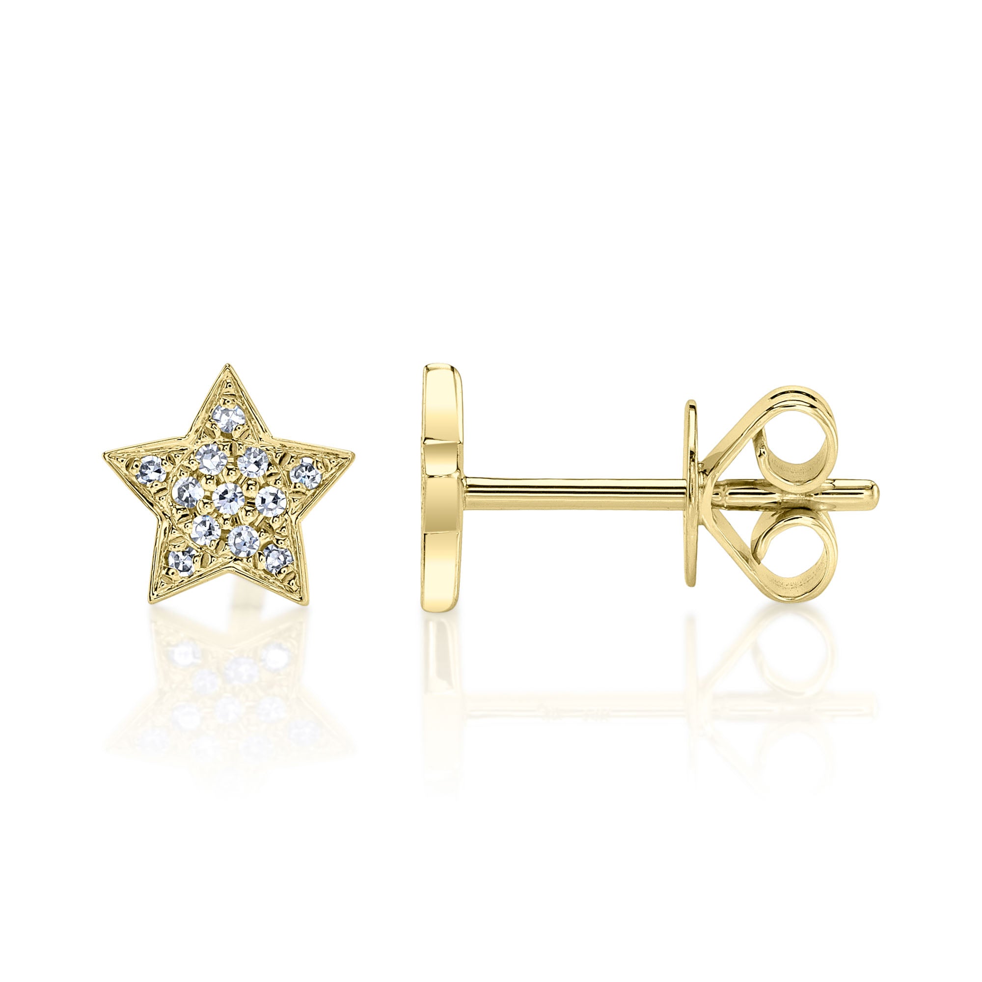 Yellow gold diamond star stud earrings, front and side angle white background