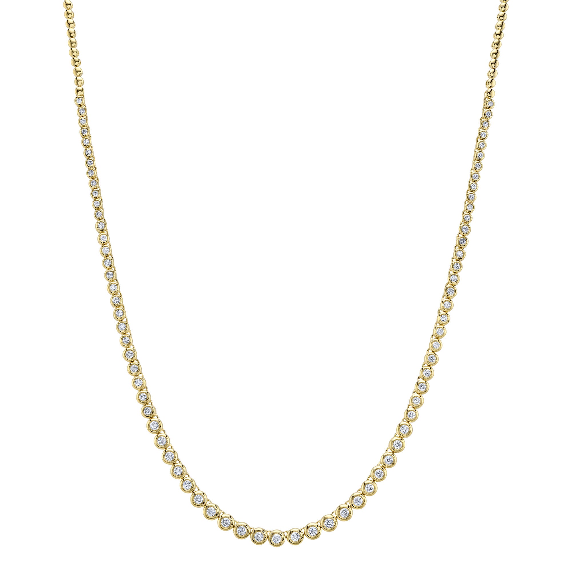 Yellow gold diamond tennis necklace, hanging view