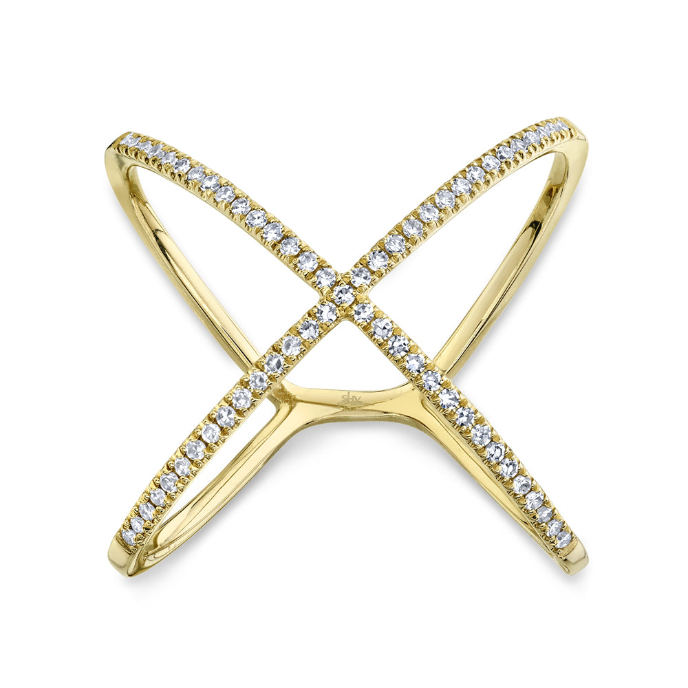Yellow gold diamond "x" shaped ring, top down view