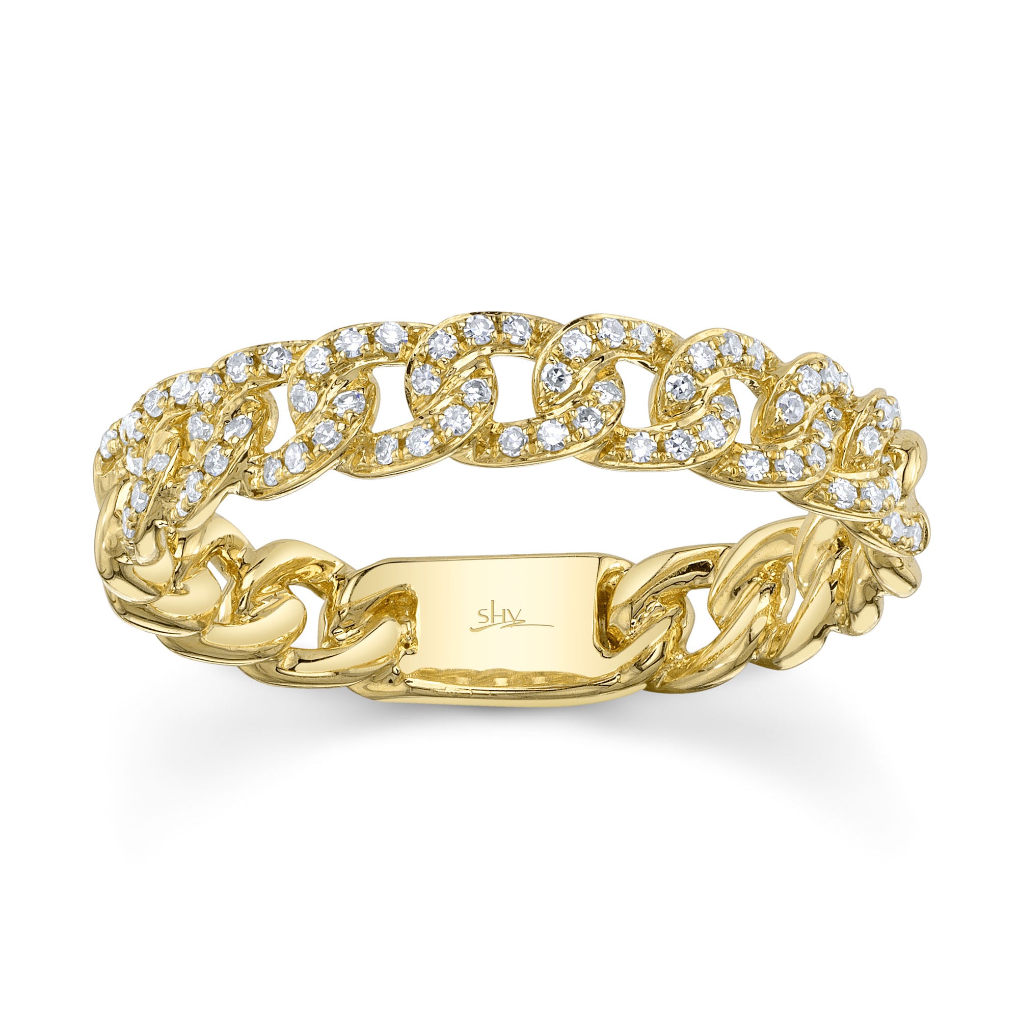 Yellow gold diamond link ring, front angle view