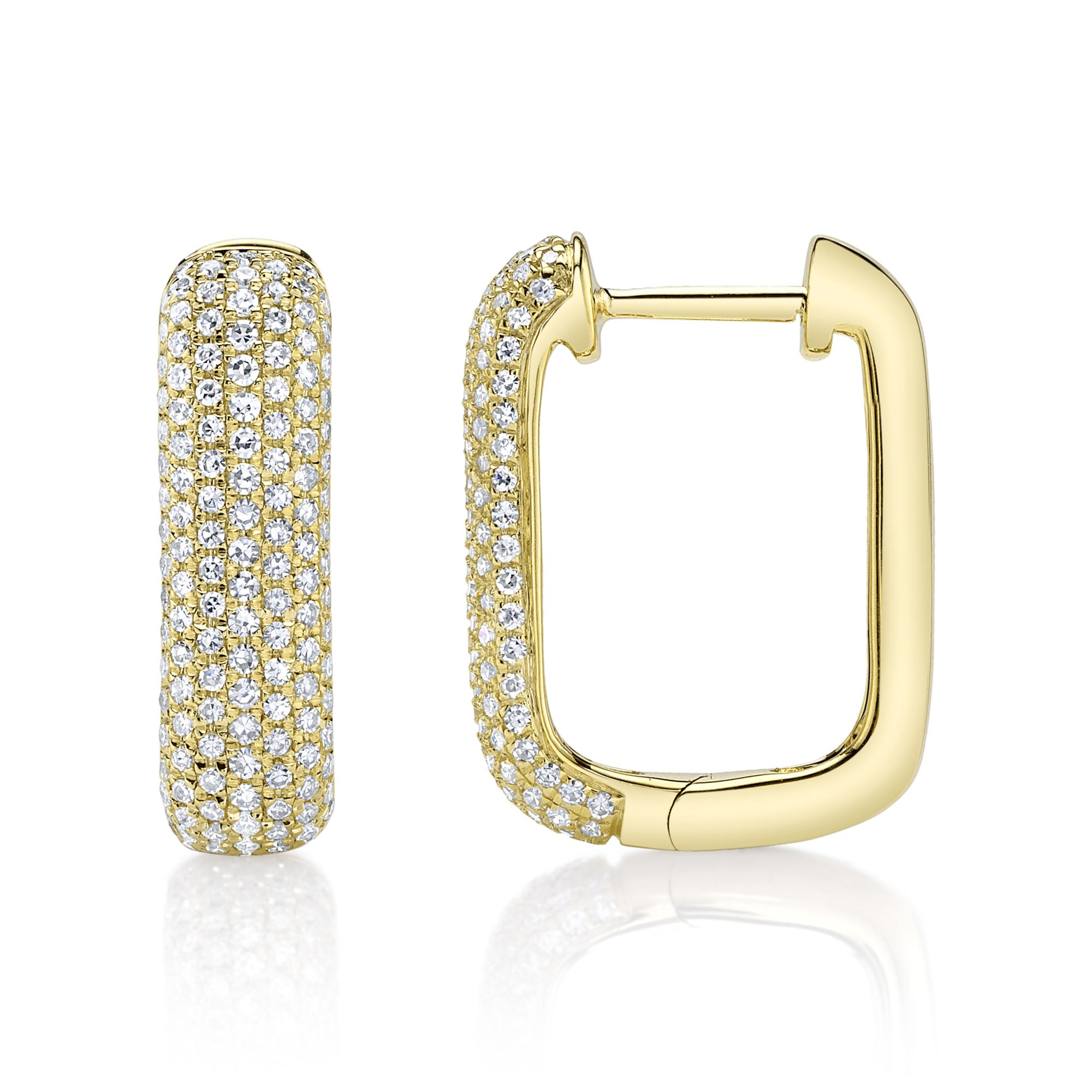 Yellow gold pave diamond rectangular hoop earrings, side angle view