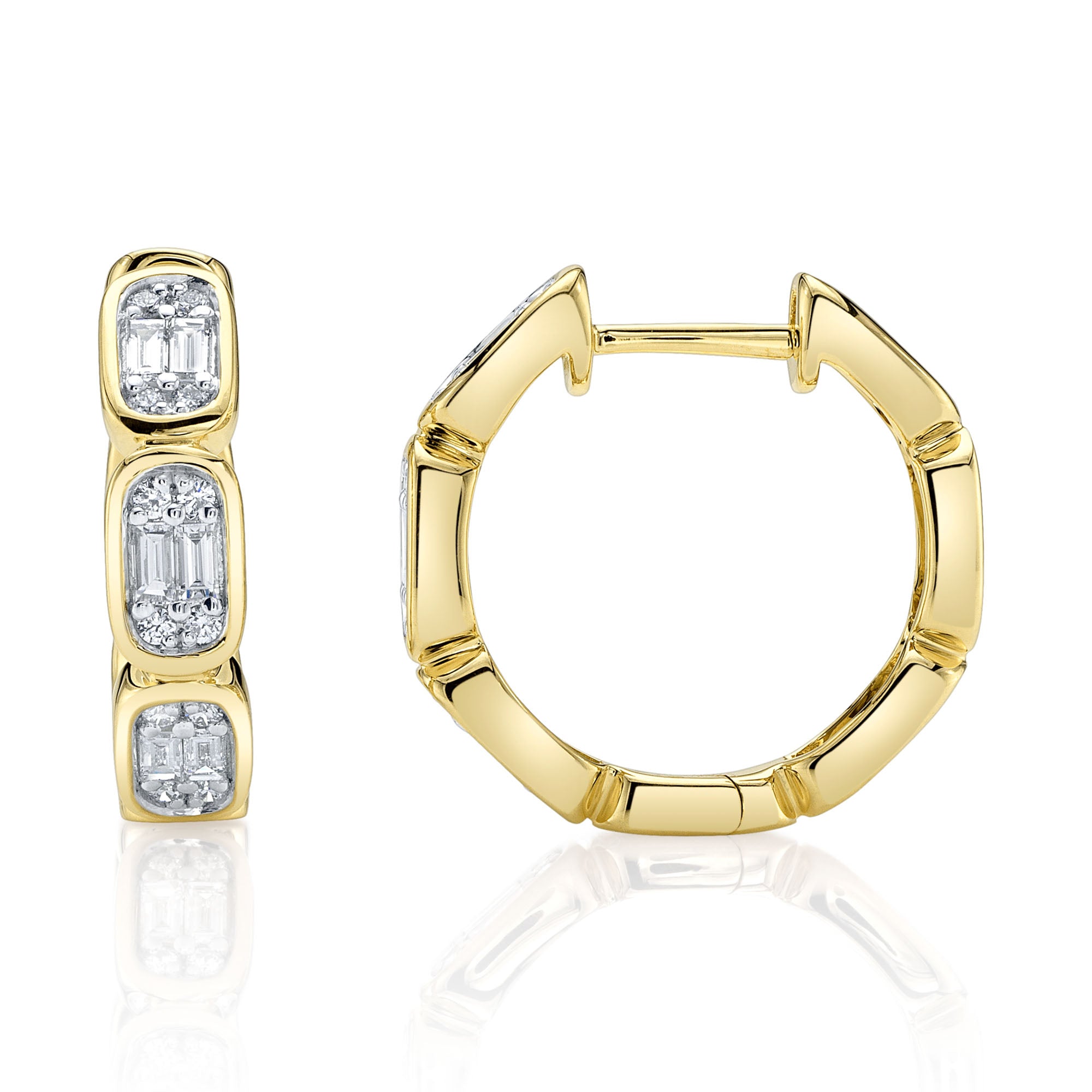 Yellow gold baguette diamond hoop earrings, side angle view