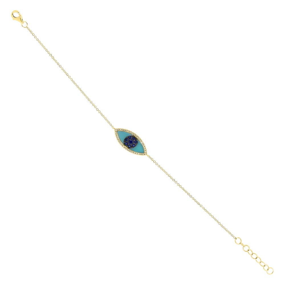 Yellow gold diamond and turquoise evil eye bracelet, flat lay